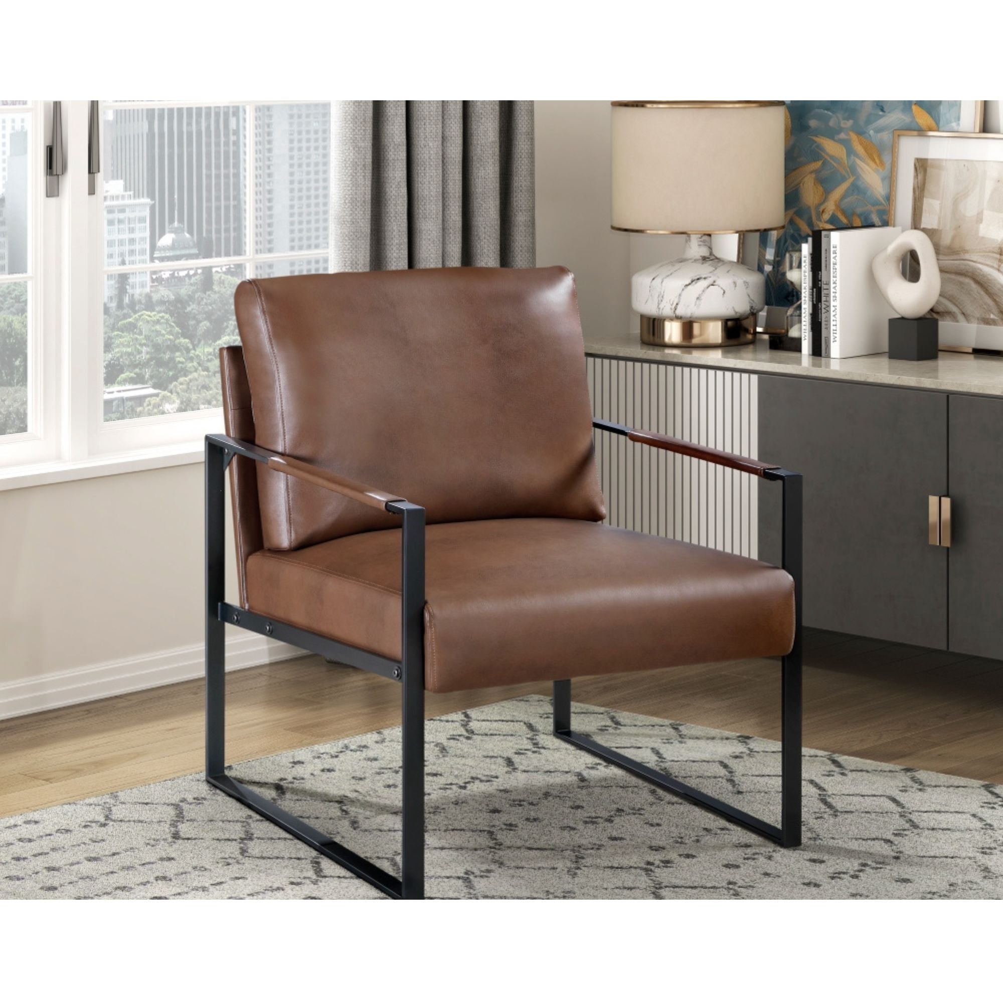 Brown MAZ Trent Collection accent chair with a sleek, modern design and cushioned seat for stylish comfort.