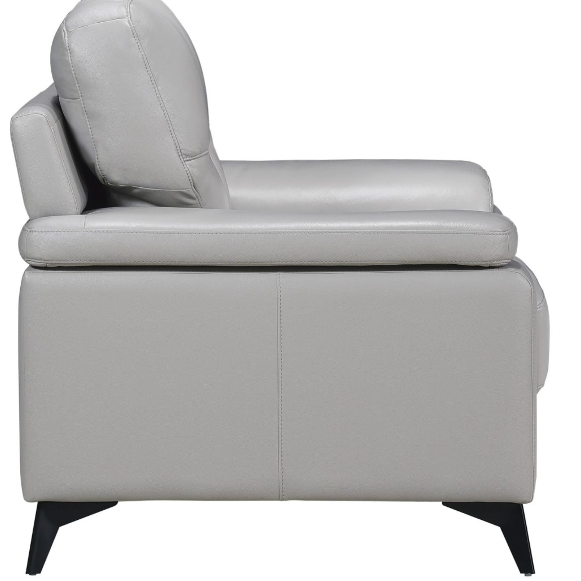 Light grey MAZ Mischa leather accent chair with modern design, featuring smooth upholstery and sleek wooden legs.