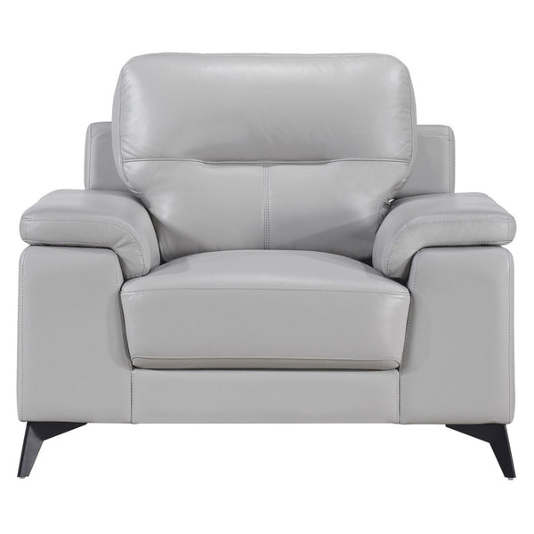 Light grey Mischa leather accent chair by MAZ with a modern design and sleek wooden legs, ideal for stylish living spaces.