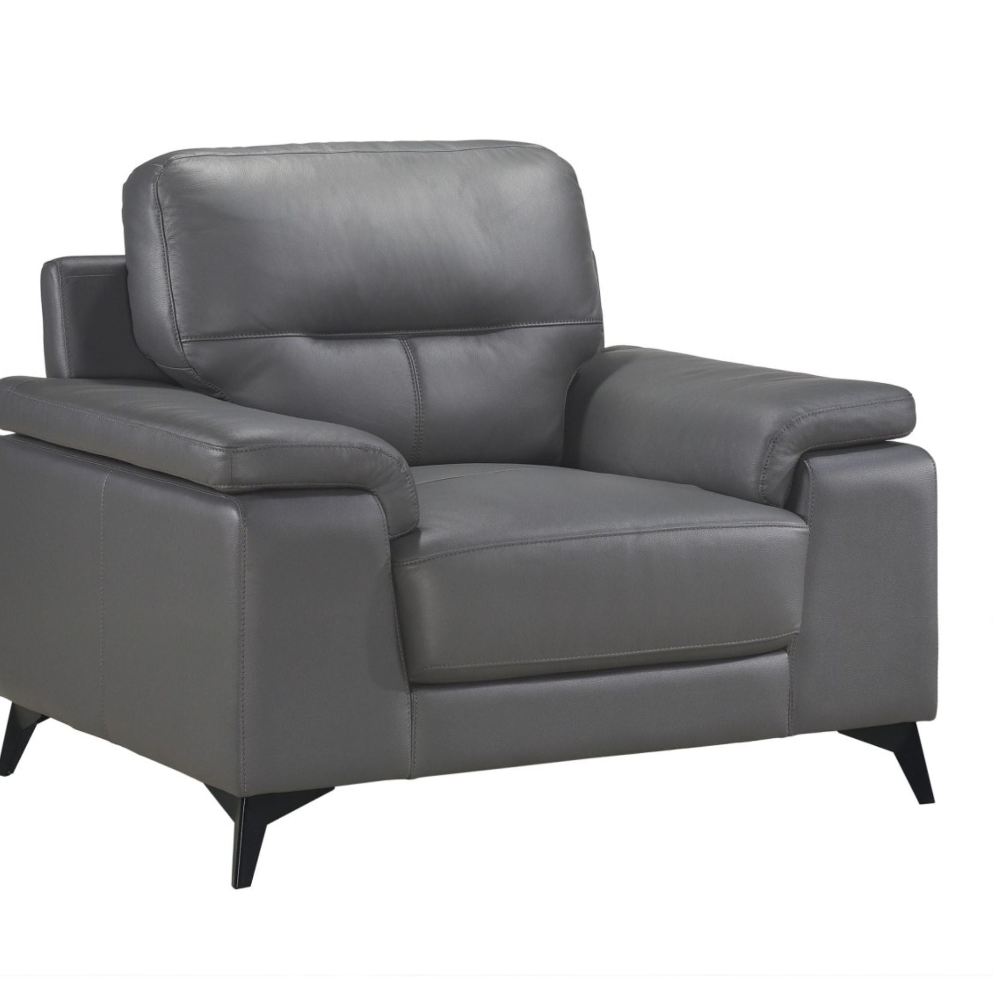 Dark grey Mischa leather accent chair by MAZ featuring a modern, sleek design with cushioned seat and stylish armrests.