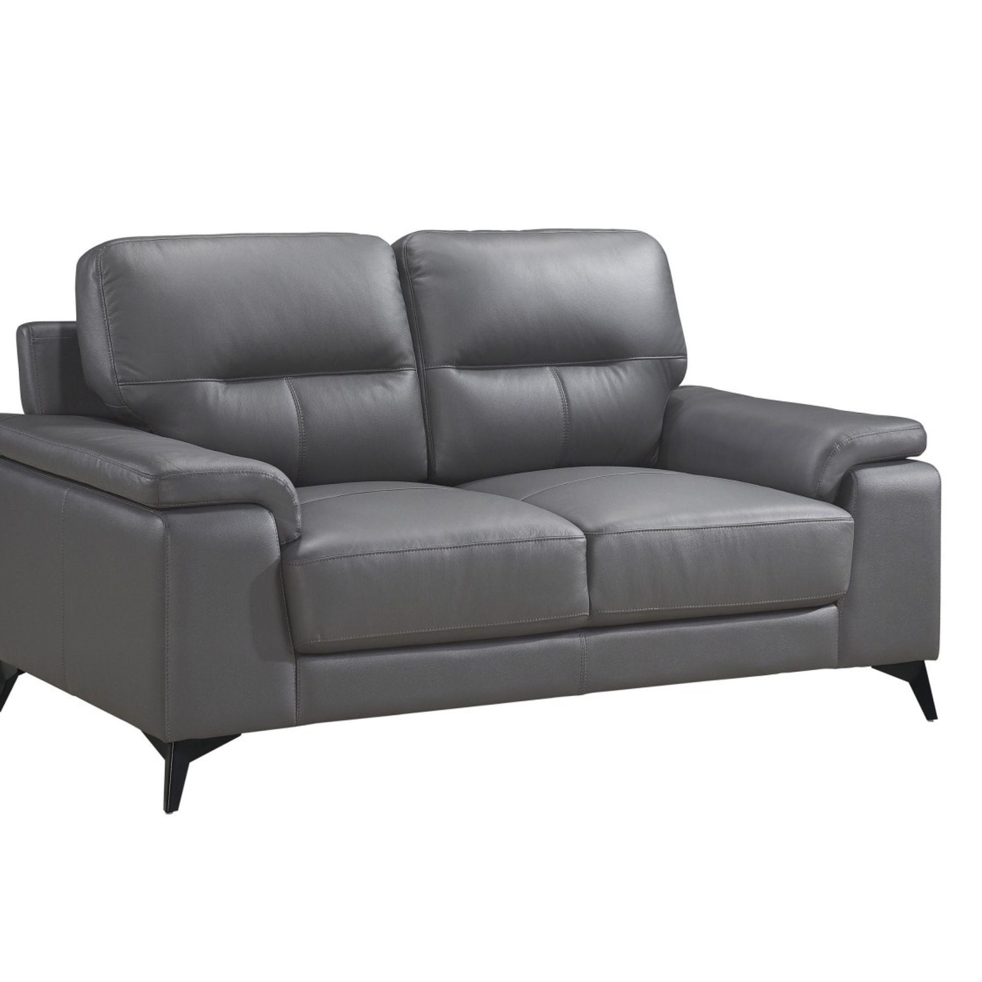 Gray Mischa leather loveseat by Mazin Furniture, showing plush cushions and sleek modern design in a cozy living room setting.