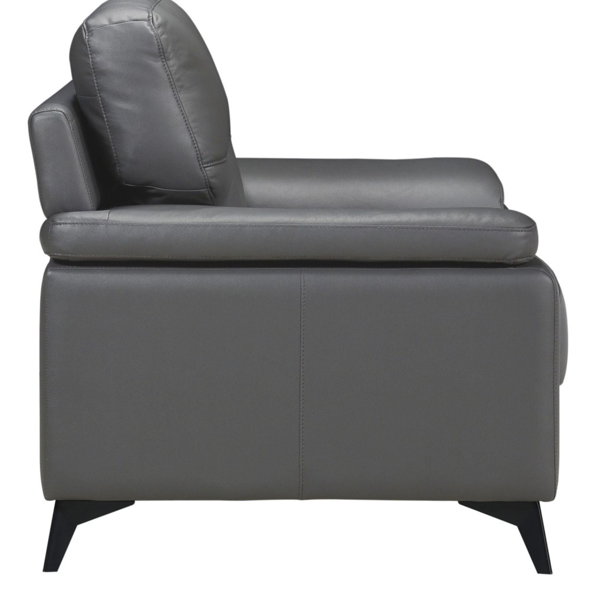 Dark grey Mischa leather accent chair by MAZ, showcasing its sleek design and modern style in a contemporary living space.