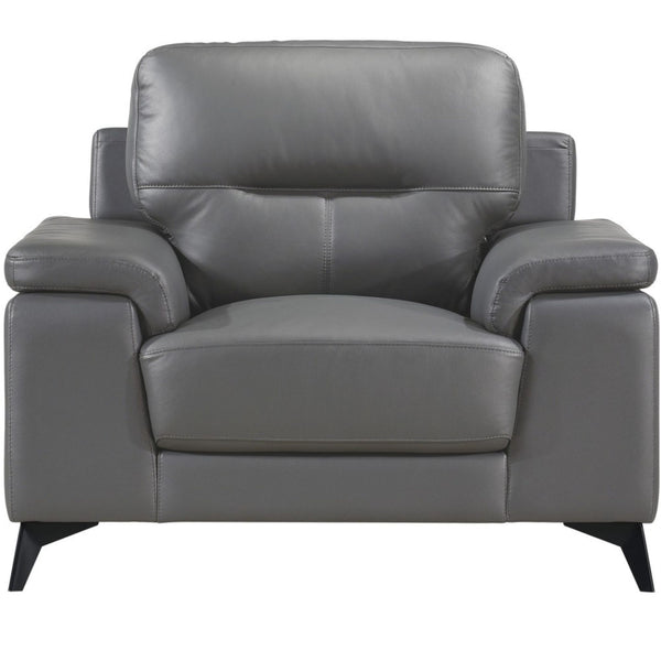 Dark grey Mischa leather accent chair by MAZ featuring a sleek, modern design with cushioned seat and stylish armrests.