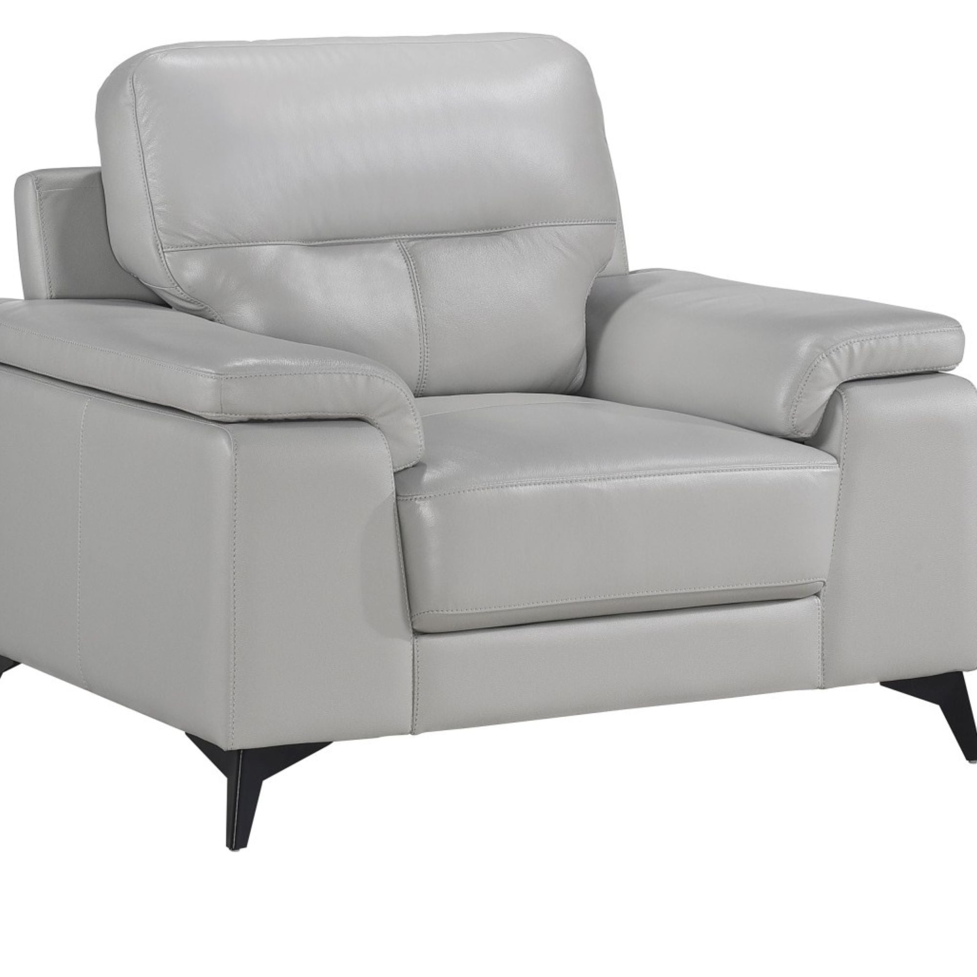 Light grey MAZ Mischa leather accent chair with sleek modern design and padded seat for stylish comfort.