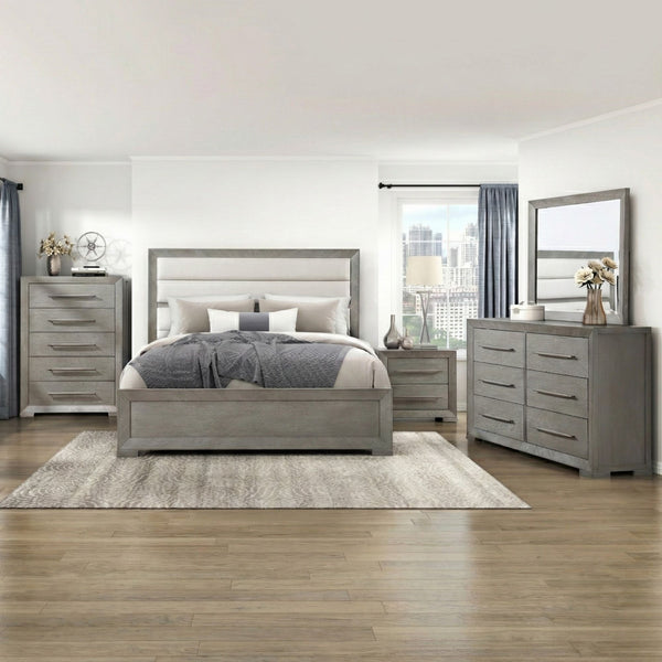 Maz MAZ Owen bedroom set includes a bed, nightstands, and dresser, featuring modern design and neutral finishes.