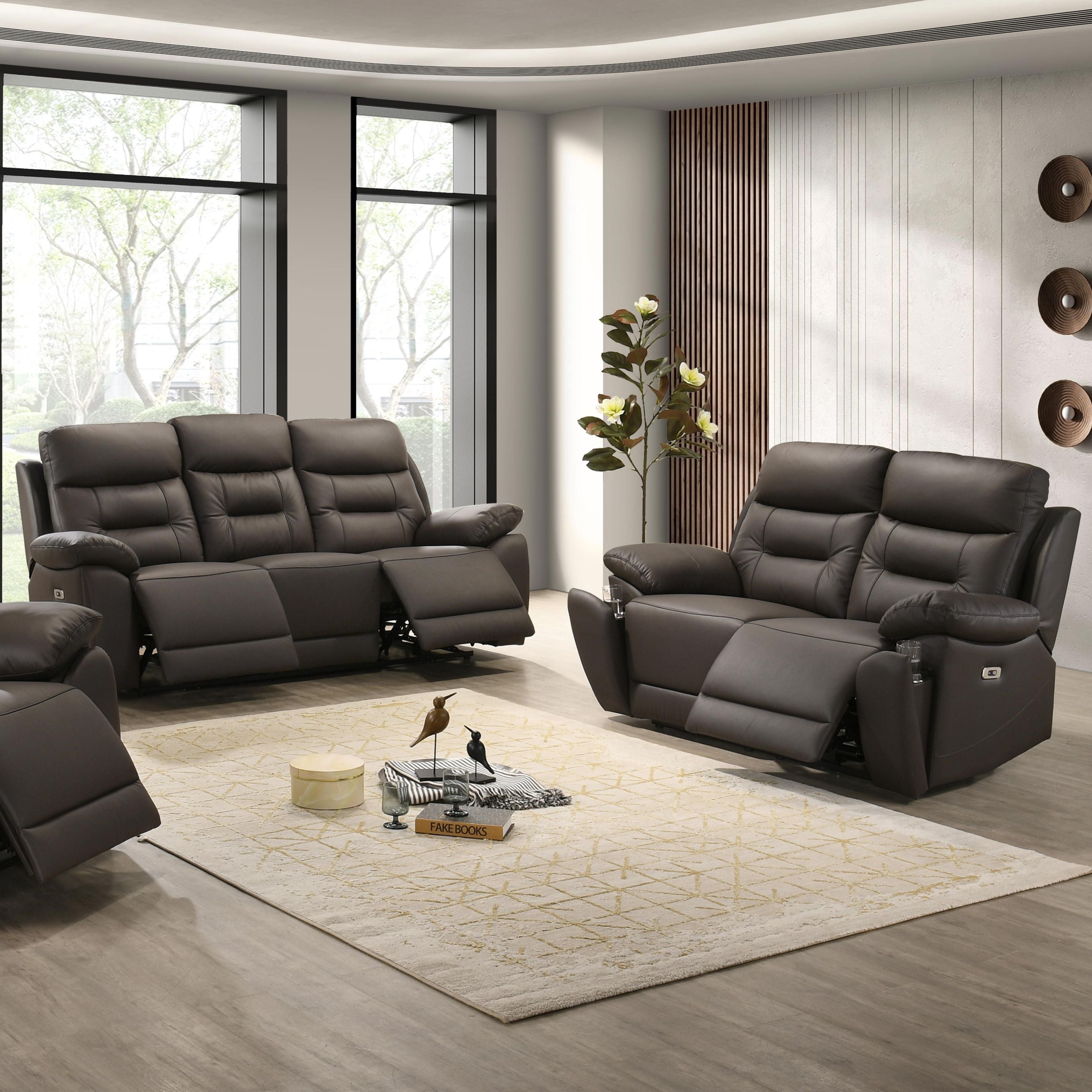 Dark chocolate Milan Luxe leather power recliner sofa set by IFF, featuring plush cushions and modern design.