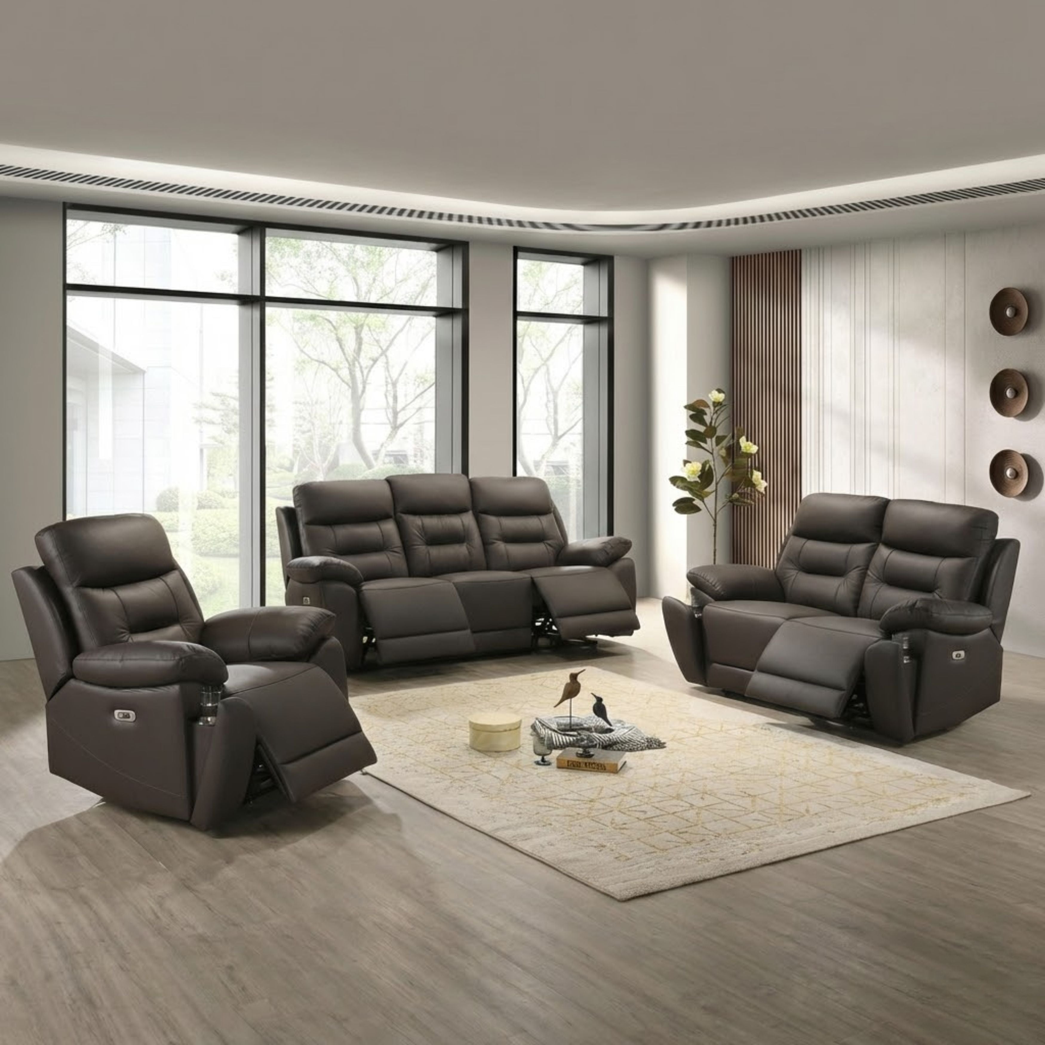 Milan Luxe Leather Power Recliner Set Dark Chocolate