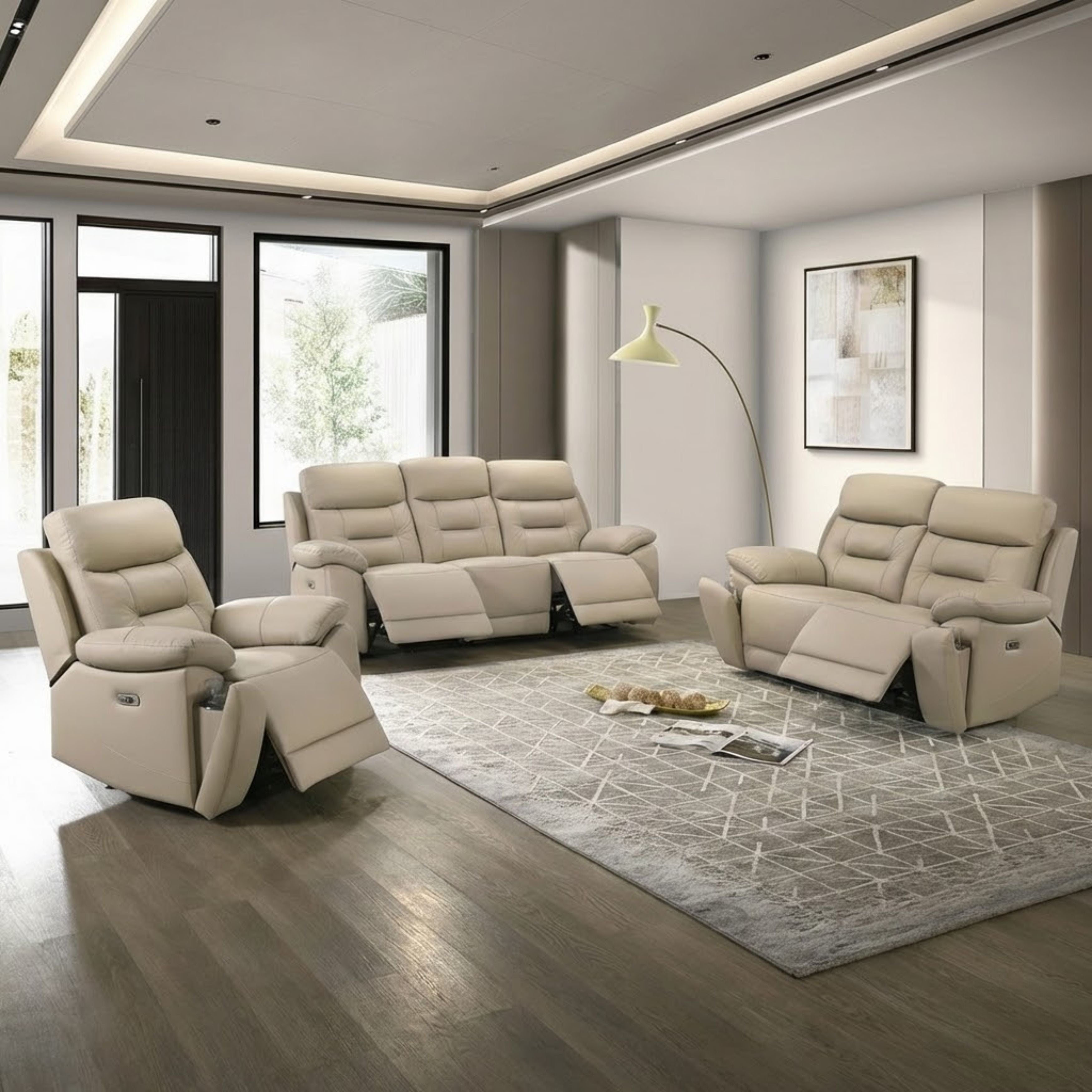 Beige Milan Luxe leather power recliner sofa set by IFF, showcasing plush cushioning and modern design in a stylish living room setting.