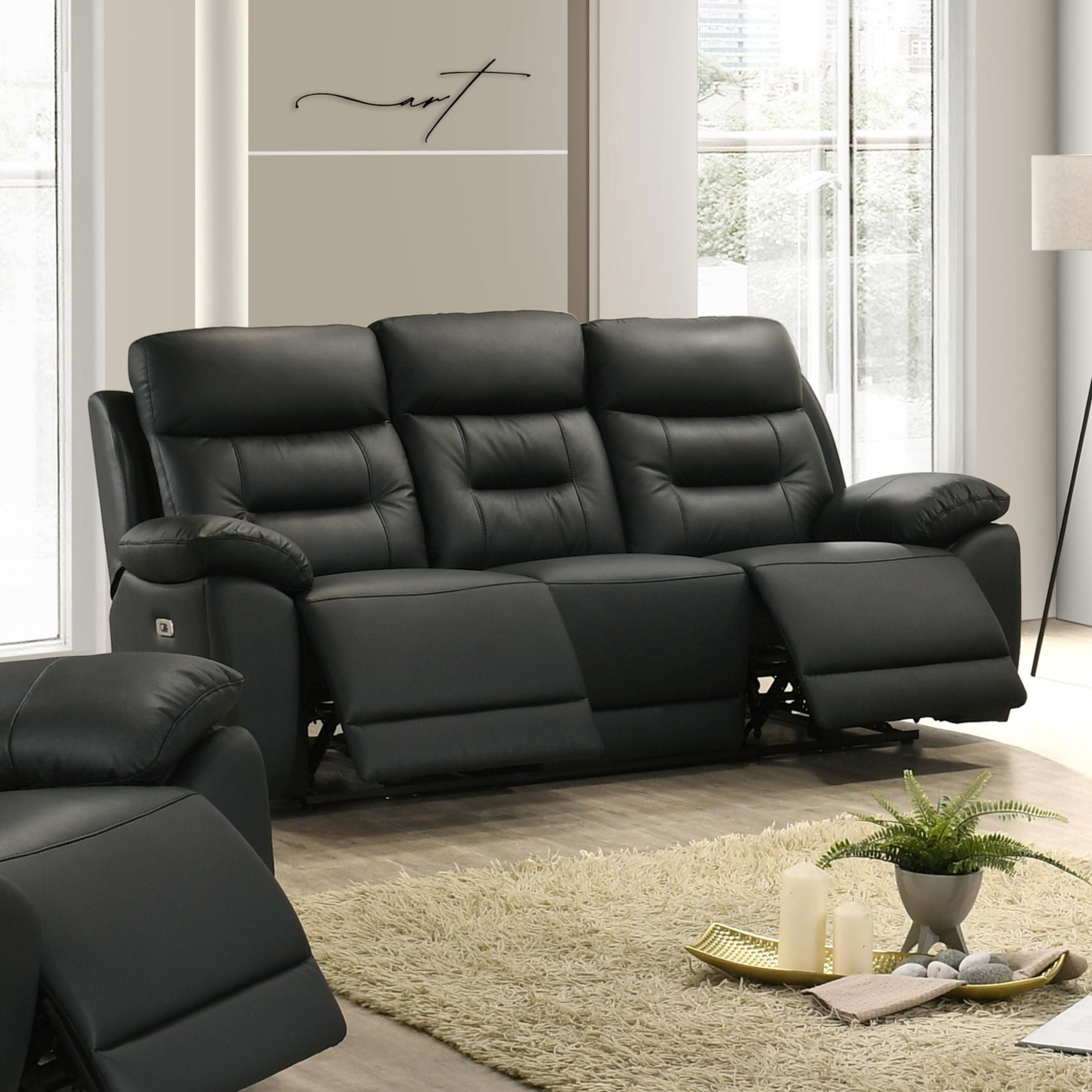 Black Milan Luxe leather power recliner sofa by IFF with plush cushions and sleek design, perfect for modern living rooms.