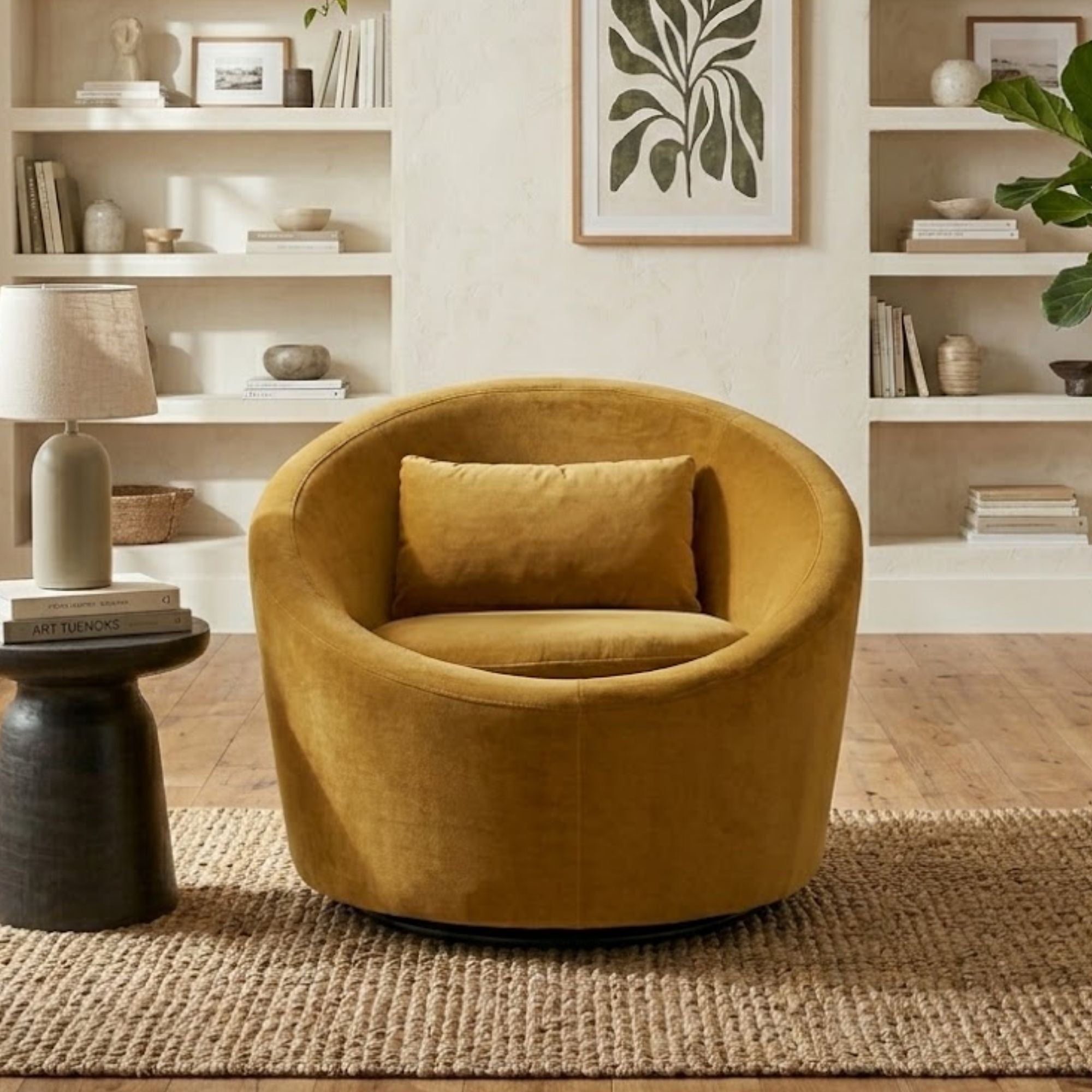 Statum Designs Inc Milo Collection swivel accent chair with plush fabric and modern design, shown from a side angle.