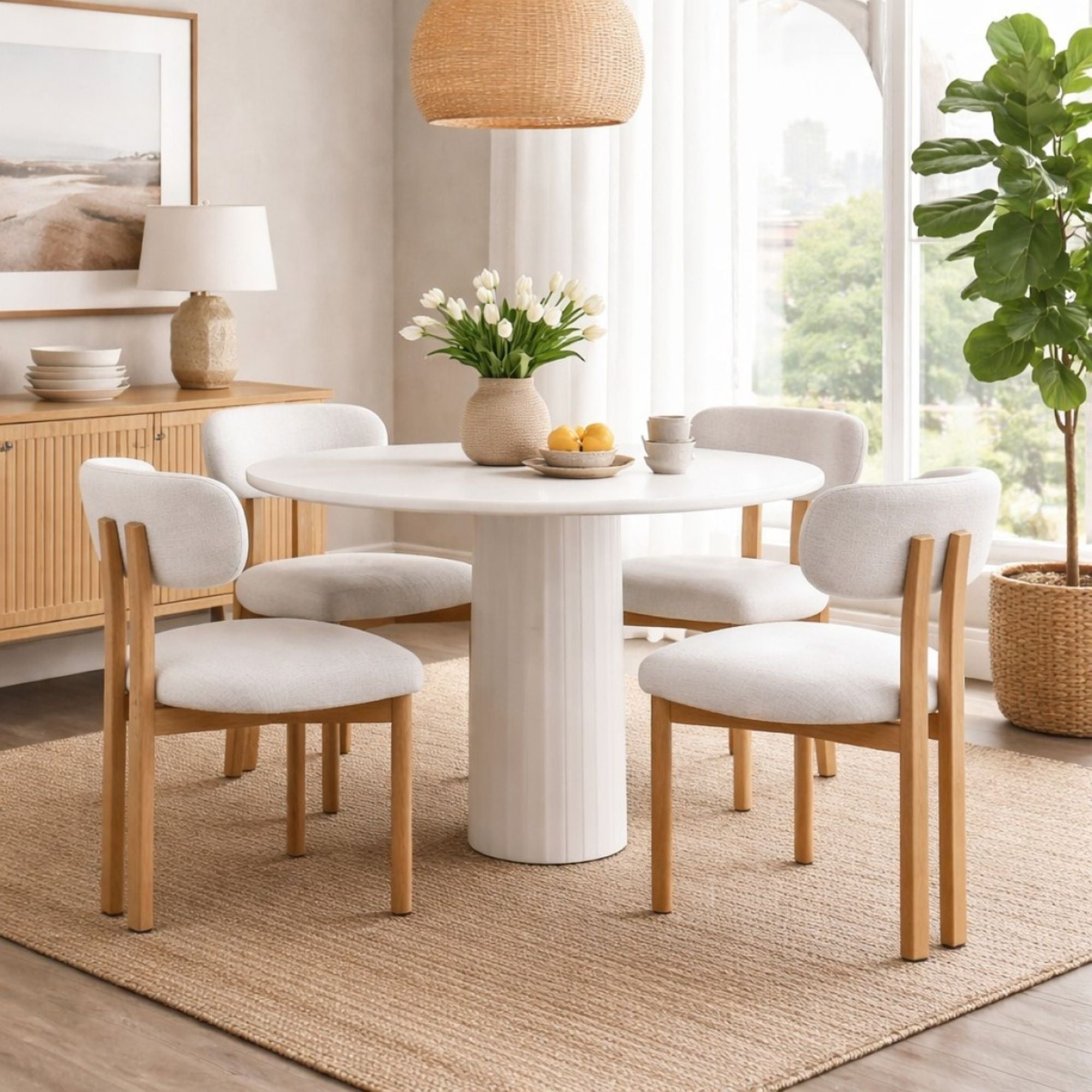 Pair of grey Milo dining chairs by Brassex, showcasing modern design with cushioned seats and wooden legs, set against a neutral background.