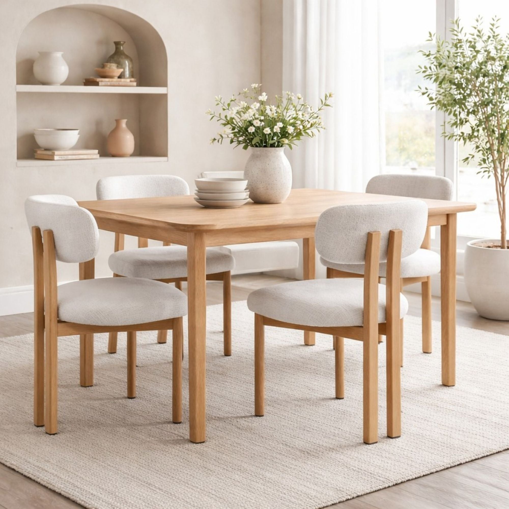 Pair of grey Brassex Milo dining chairs with modern design, featuring upholstered seats and sleek wooden legs.