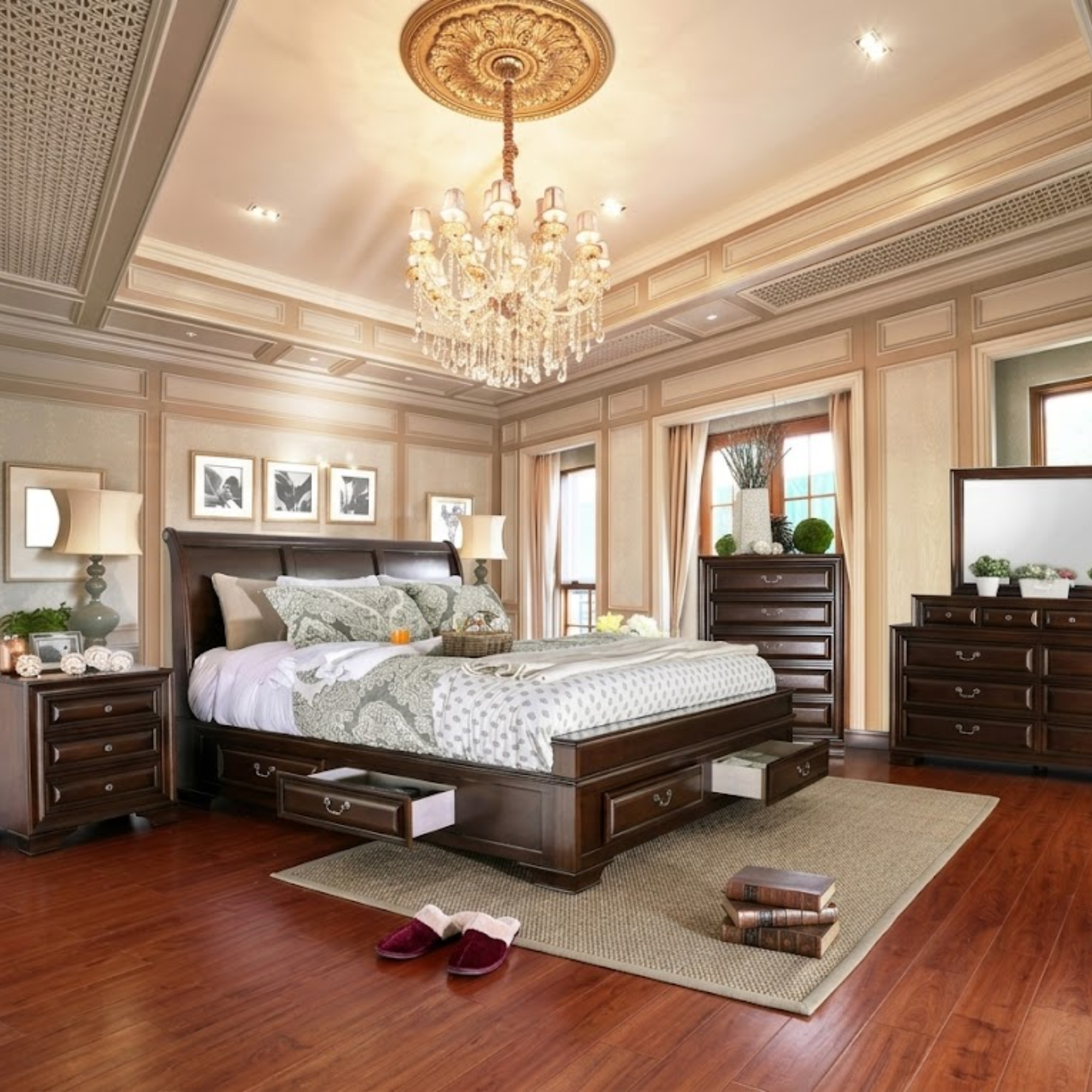 MAZ Milton Collection platform bedroom set in cherry wood, featuring a sleek bed frame with clean lines and a polished finish.