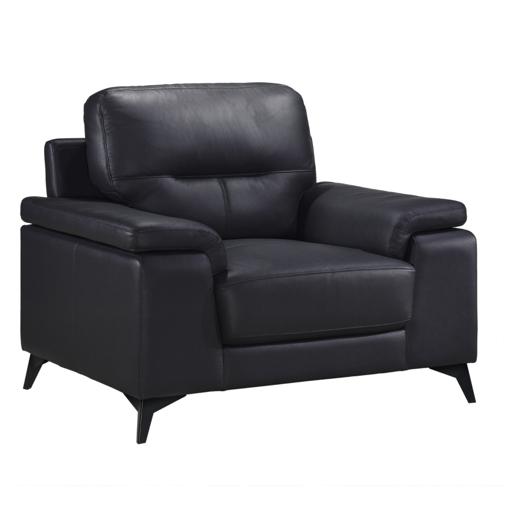 MAZ Mischa leather accent chair with black upholstery, modern design, and sleek wooden legs for stylish seating.