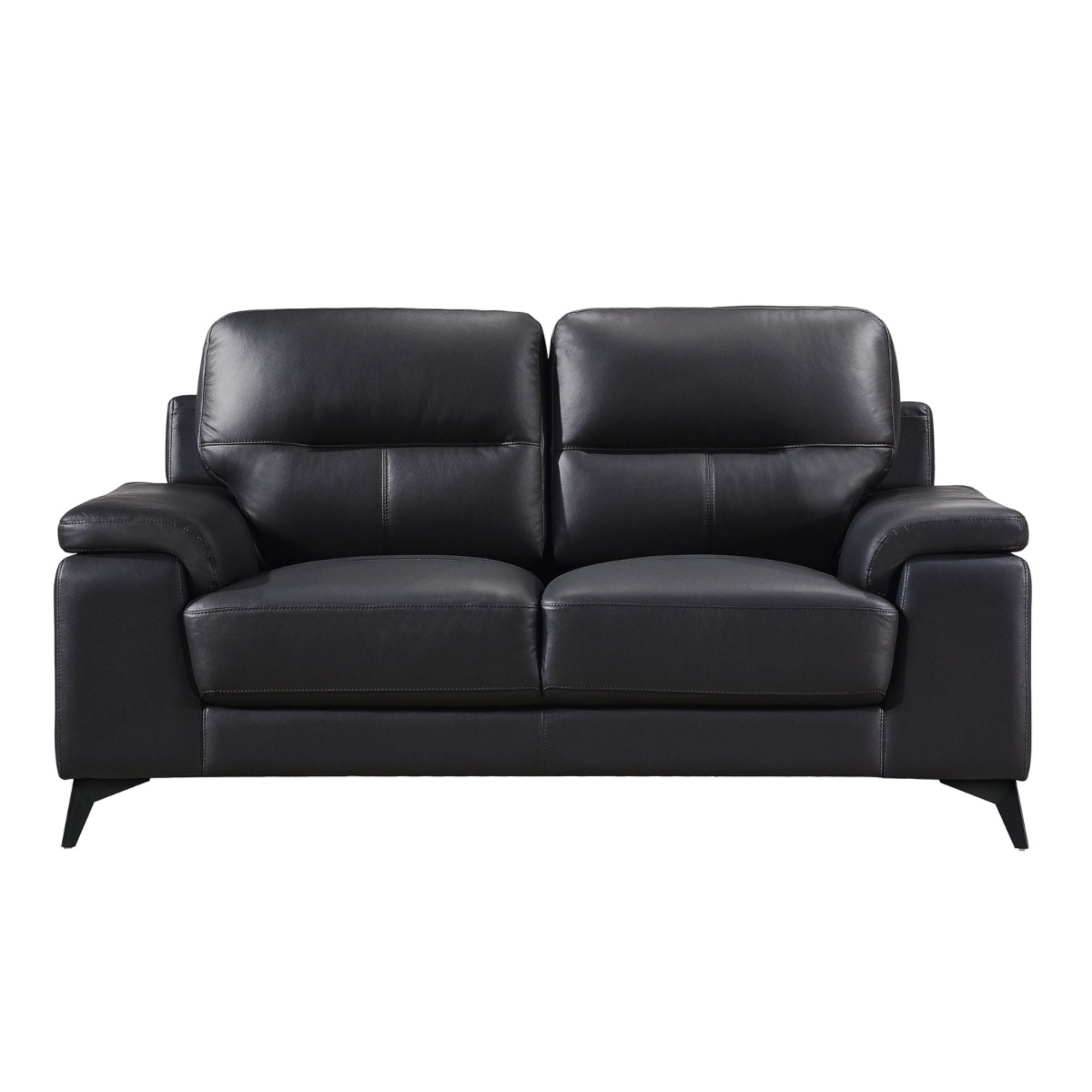 Black Mischa leather loveseat by MAZ, showcasing a sleek, modern design with plush cushions and stylish armrests.