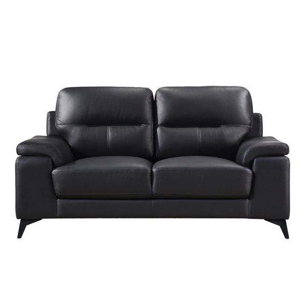Black Mischa leather loveseat by MAZ, showcasing a sleek, modern design with plush cushions and stylish armrests.