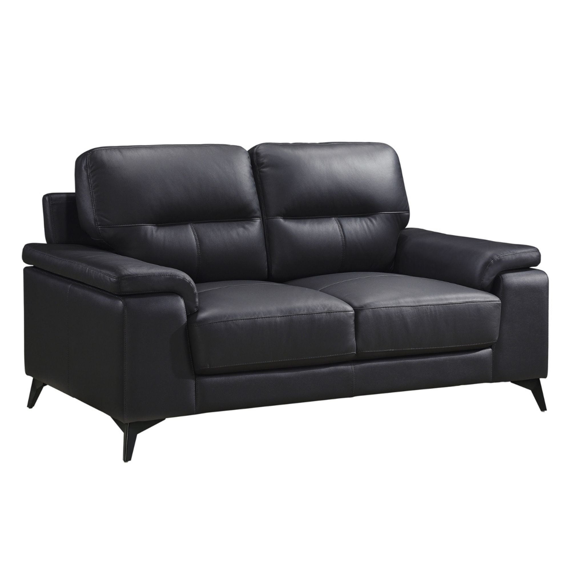 Black Mischa leather loveseat by MAZ, showcasing a sleek, modern design with plush cushions and stylish armrests.