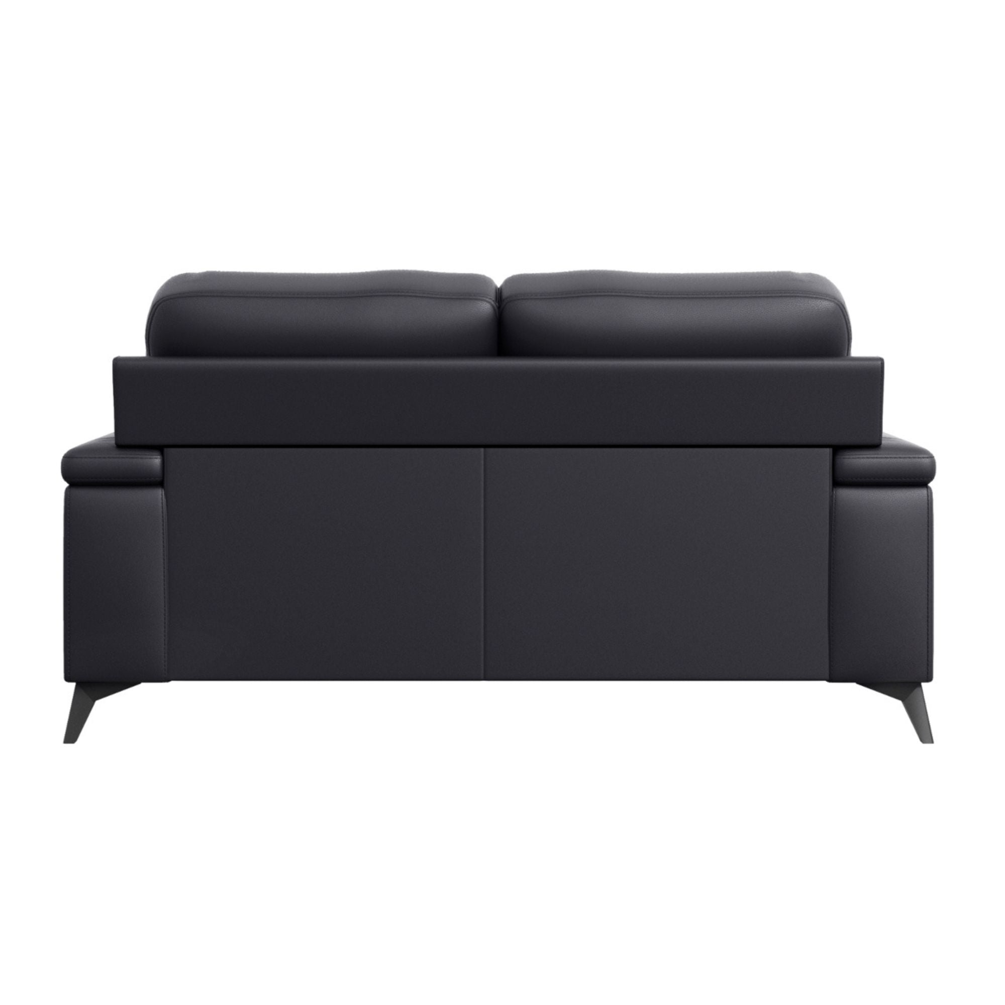 Black Mischa leather loveseat by MAZ, showcasing plush cushions and sleek modern design in a contemporary living room setting.