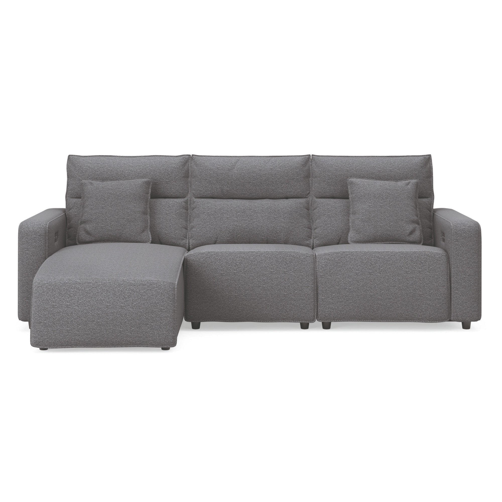A modern gray fabric sectional sofa with a right-facing chaise lounge and two matching throw pillows, shown against a plain white background.