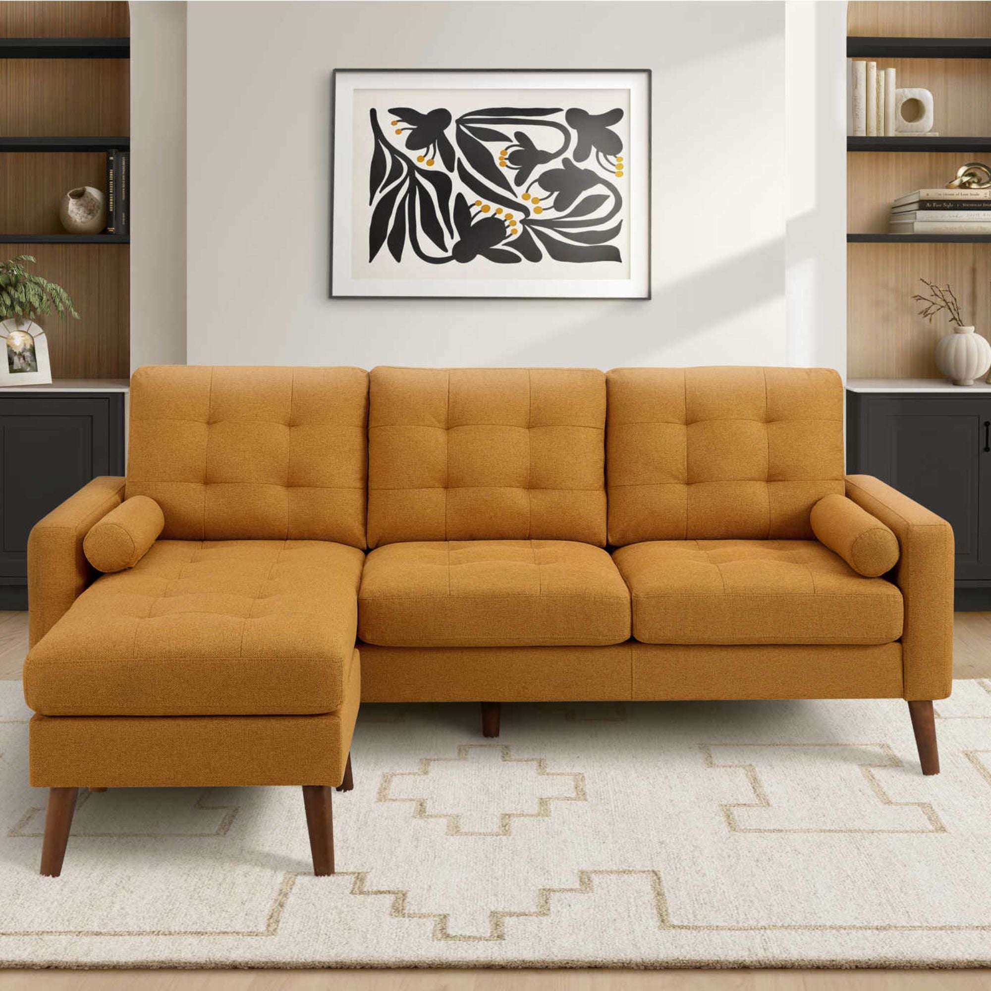 Orange Monroe reversible L/R sectional sofa by Monarch Specialties, showing plush cushioned seating with modern design.