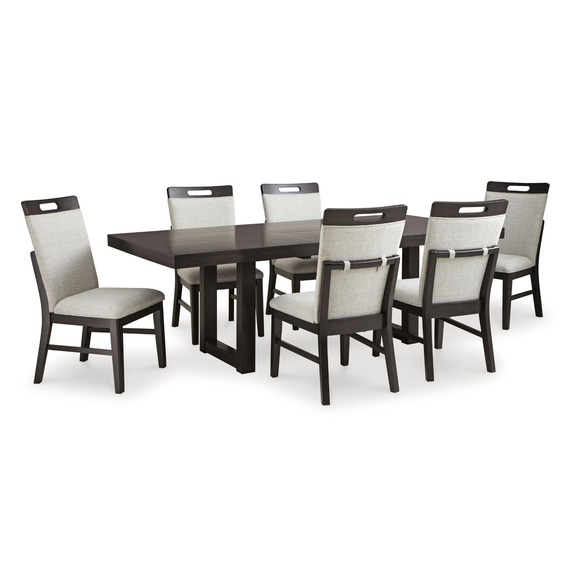 Ashley Neymorton 7-piece Rectangular Dining Table Set with butterfly extension, featuring a modern wood finish and matching chairs.