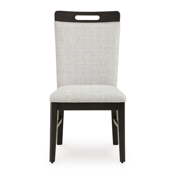 Set of two Signature Ashley Neymorton Collection dining side chairs with upholstered seats and wooden legs in a modern dining room setting.