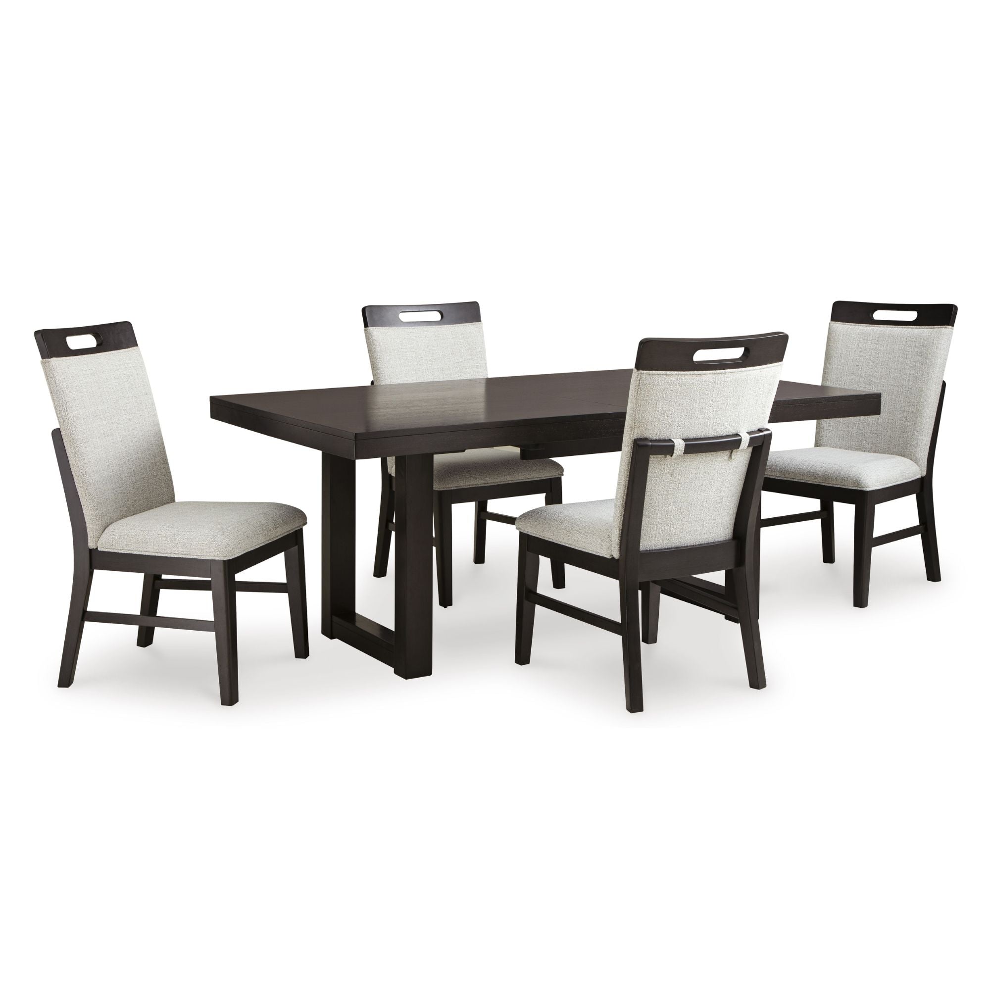 Neymorton 5-piece rectangular butterfly extendable dining room set by Signature Ashley with a wooden table and matching chairs.