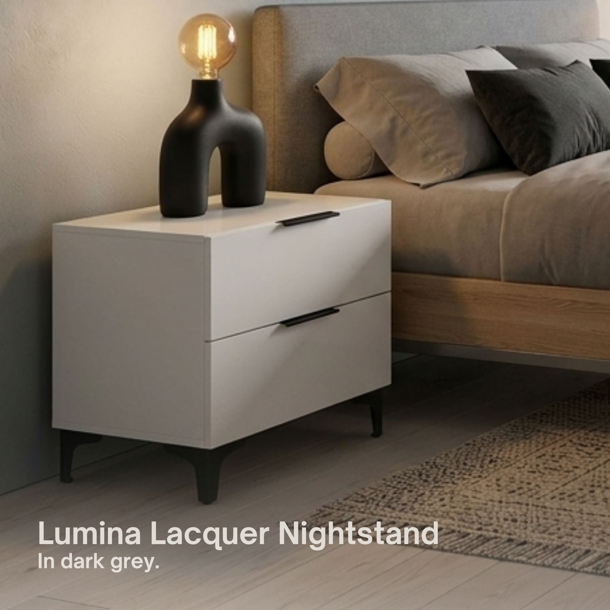 Light grey Lumina lacquer nightstand by Amica Furniture with sleek modern design and smooth finish.