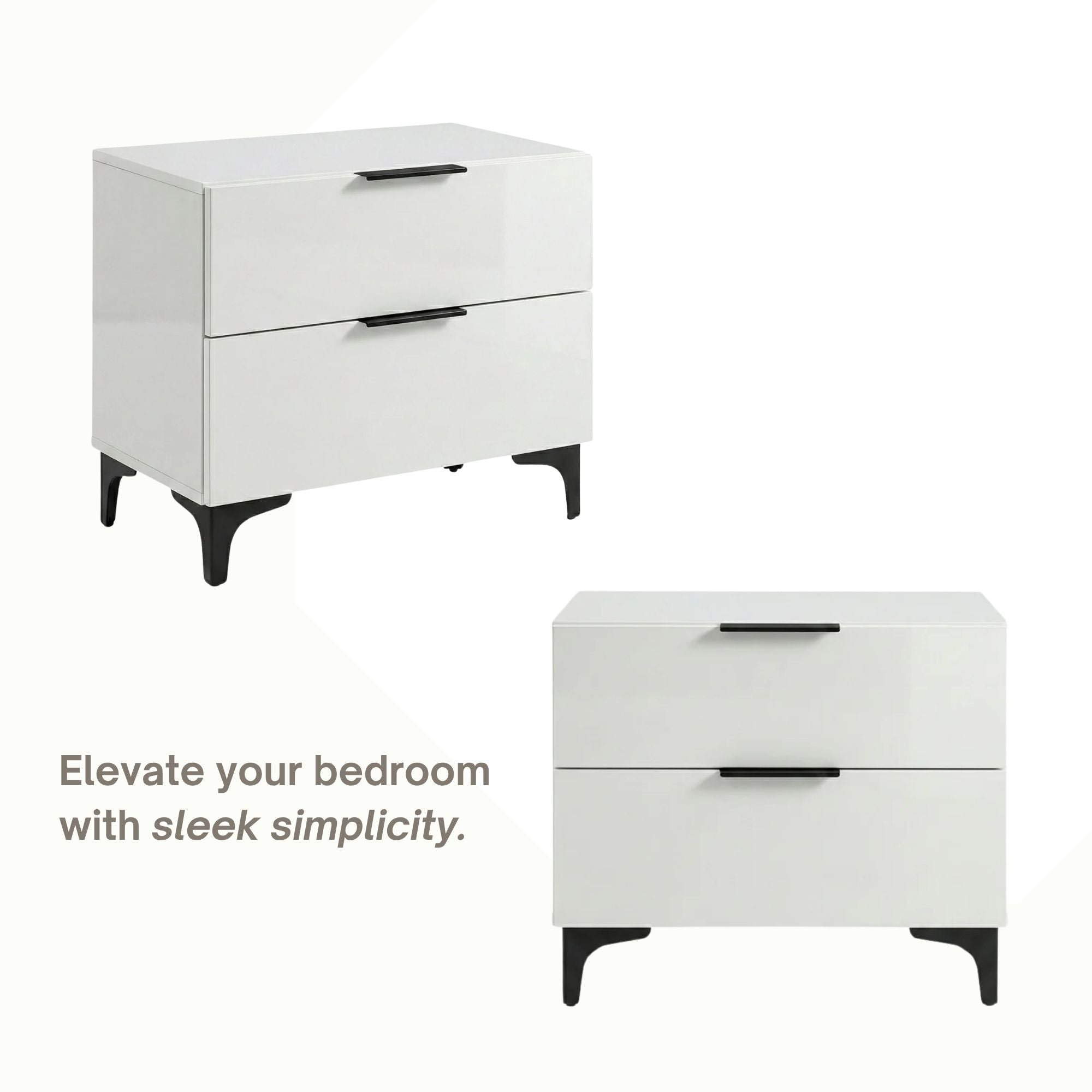 Amica Furniture Lumina Lacquer Nightstand in light grey with sleek modern design and clean lines, placed beside a bed.