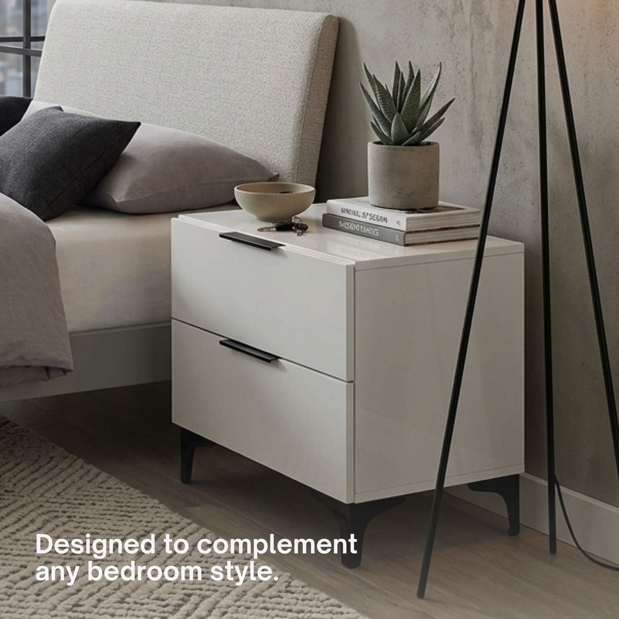 Light grey Lumina lacquer nightstand by Amica Furniture with sleek modern design and clean lines.