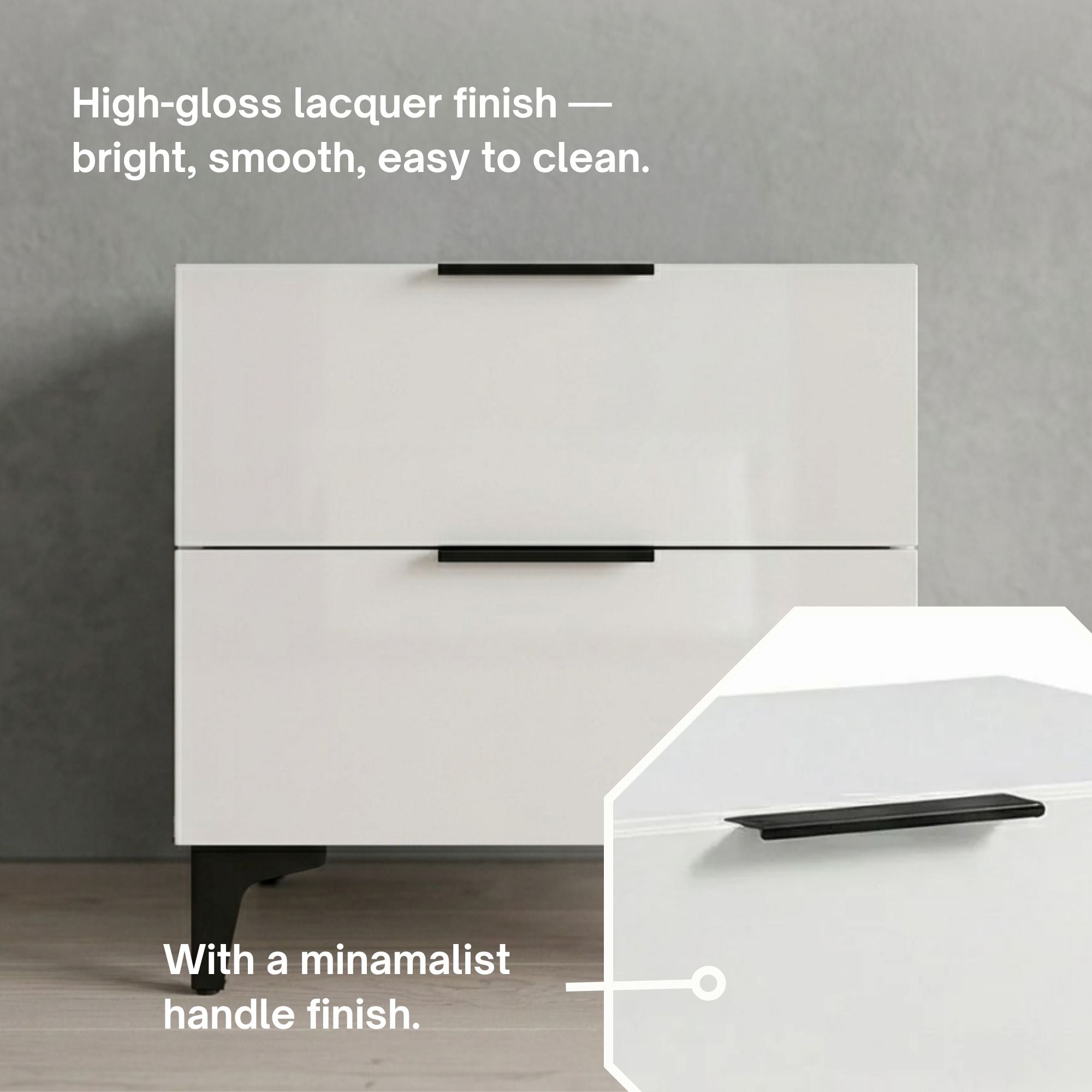 Amica Furniture Lumina Lacquer Nightstand in Light Grey with sleek modern design and smooth finish.