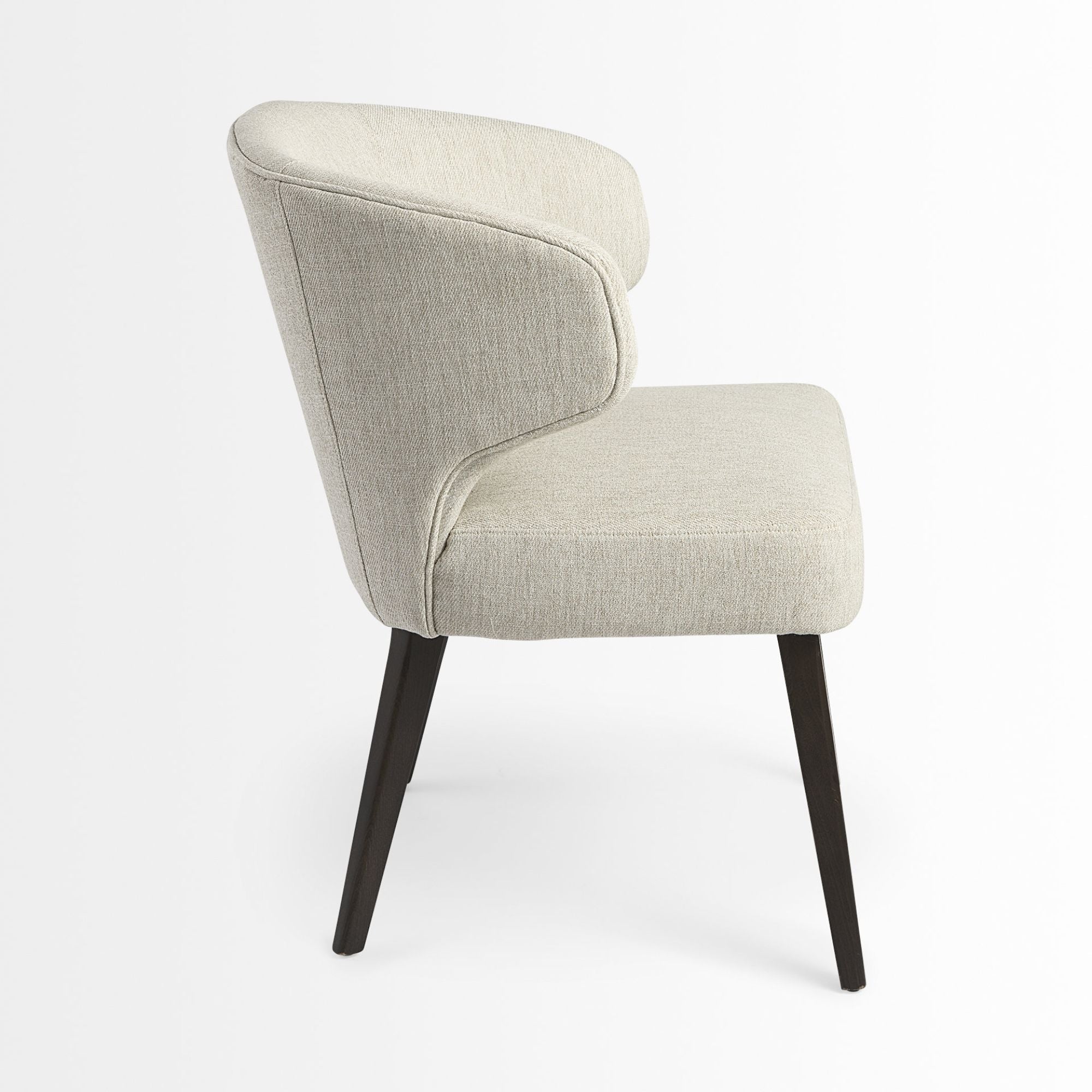 Dark brown Mercana Niles fabric dining chair with cushioned seat and backrest, showcasing elegant modern dining room style.