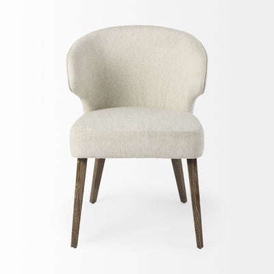 Medium brown Mercana Niles fabric dining chair with cushioned seat and backrest, showcasing elegant wooden legs and modern design.