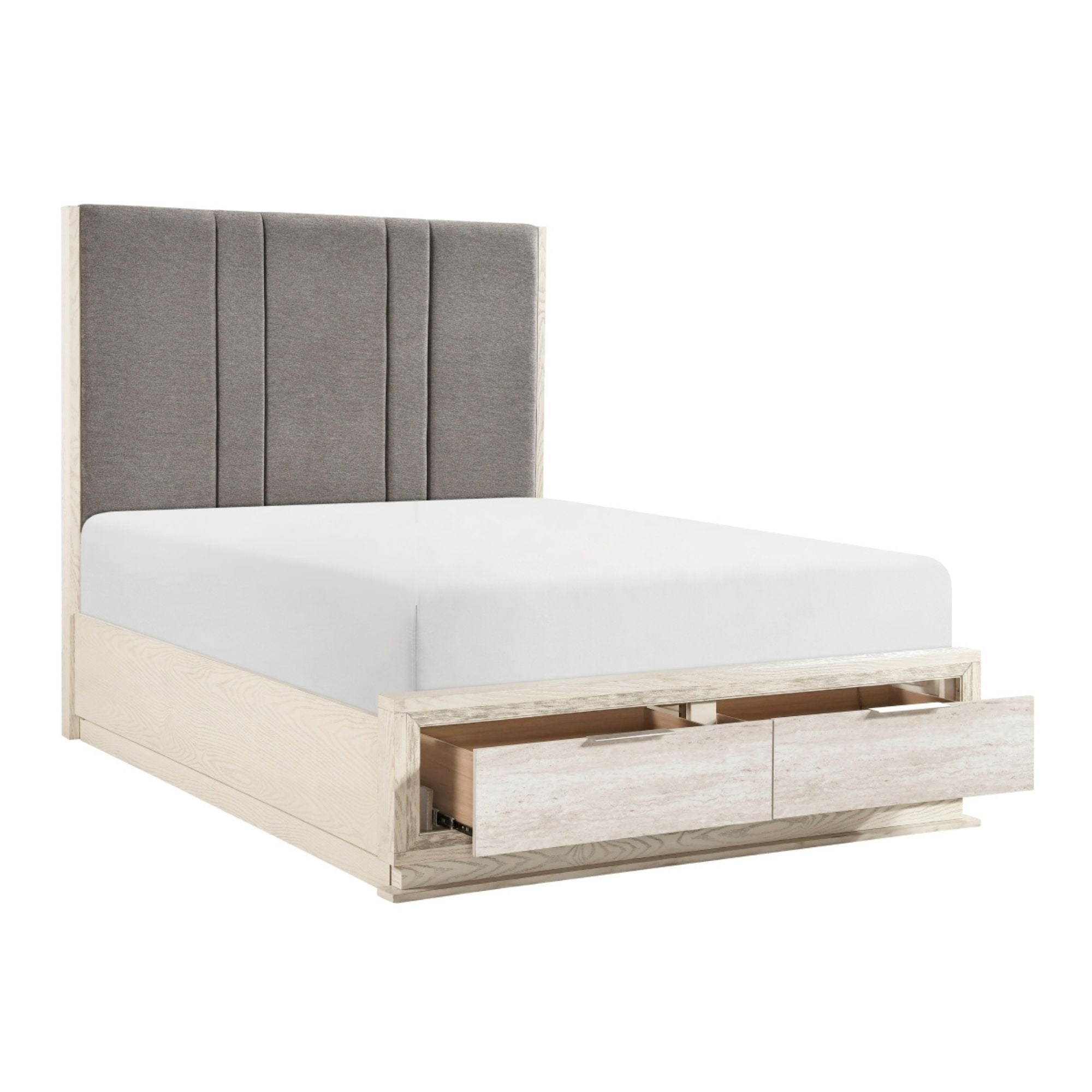 MAZ Noctis Collection bed with sleek modern design and neutral upholstery, showcasing a stylish bedroom furniture piece.