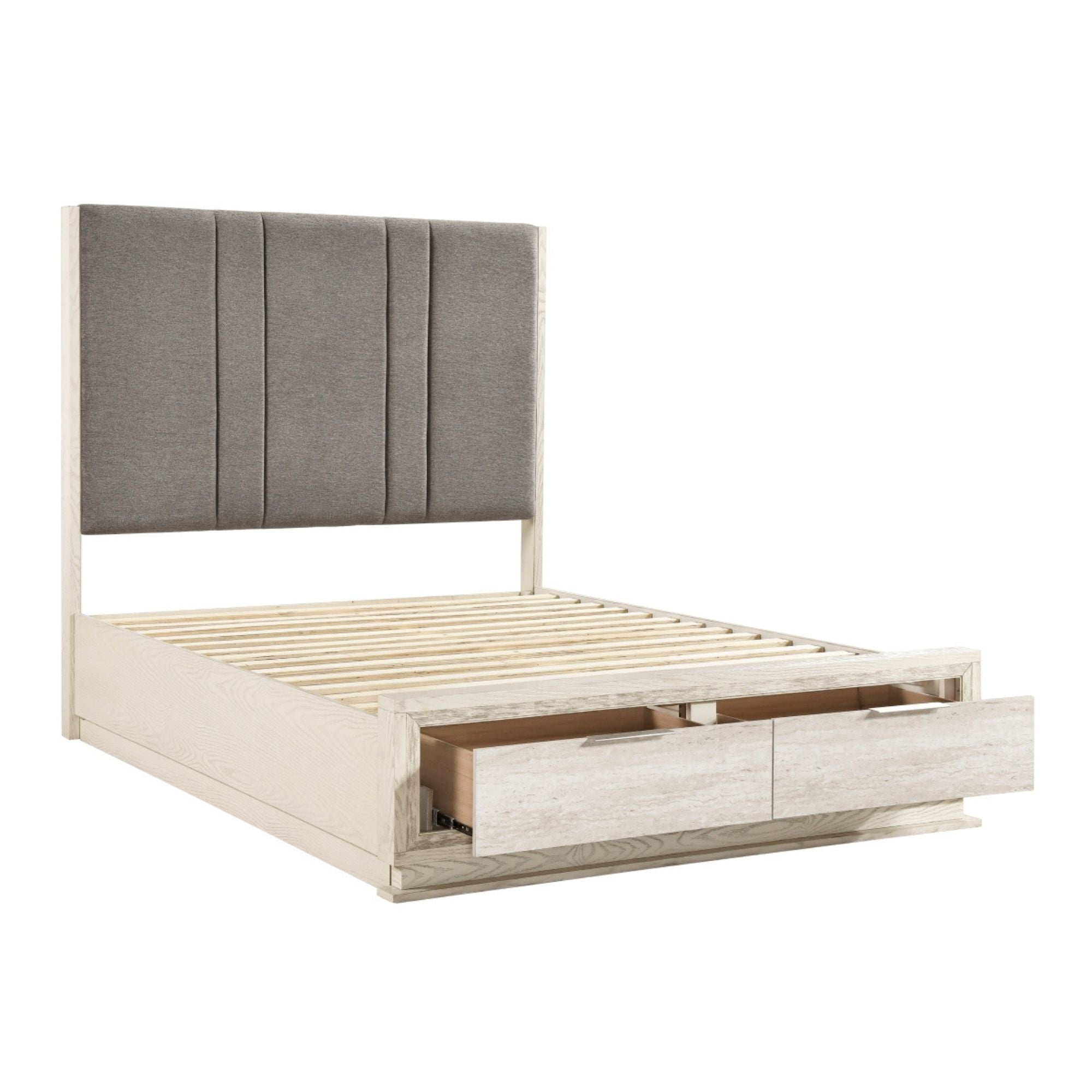 Modern MAZ Noctis Collection bed with a sleek frame and neutral bedding, showcasing contemporary bedroom furniture.