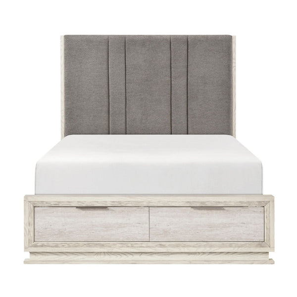 MAZ Noctis Collection bed with sleek modern design, featuring a neutral upholstered headboard and stylish wooden frame.