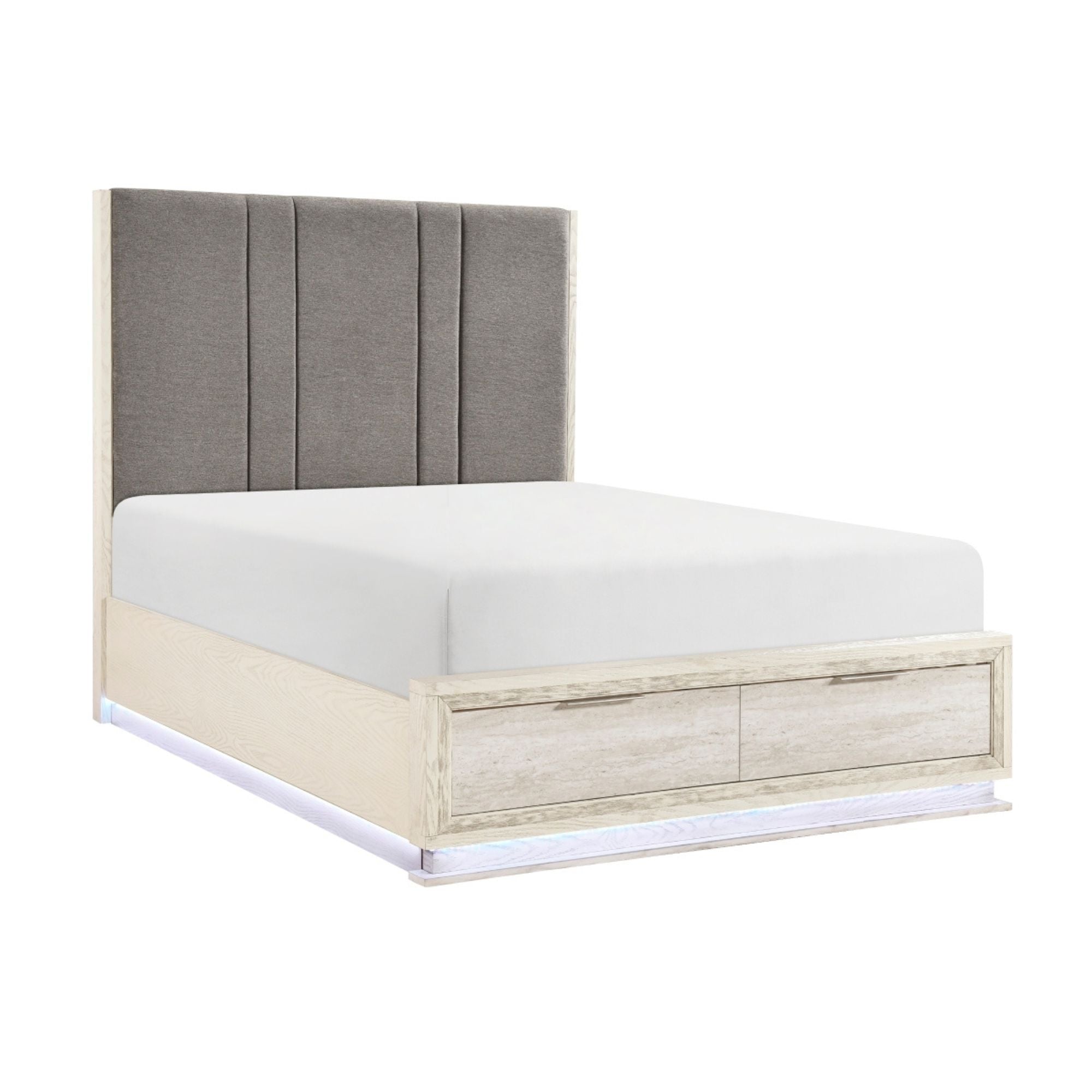 Modern MAZ Noctis Collection bed with sleek design and neutral upholstery, showcasing a stylish bedroom setup.