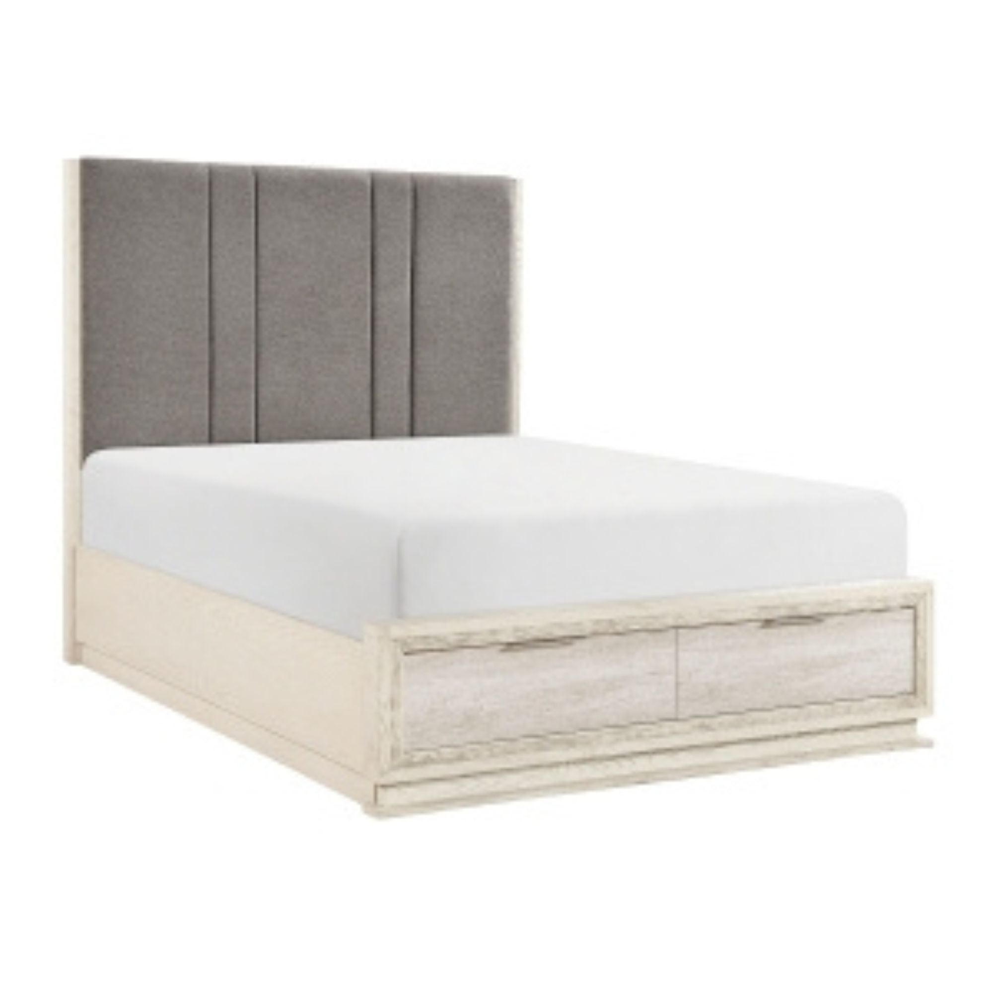 MAZ Noctis Collection bed with sleek modern design and neutral fabric upholstery, shown in a stylish bedroom setting.