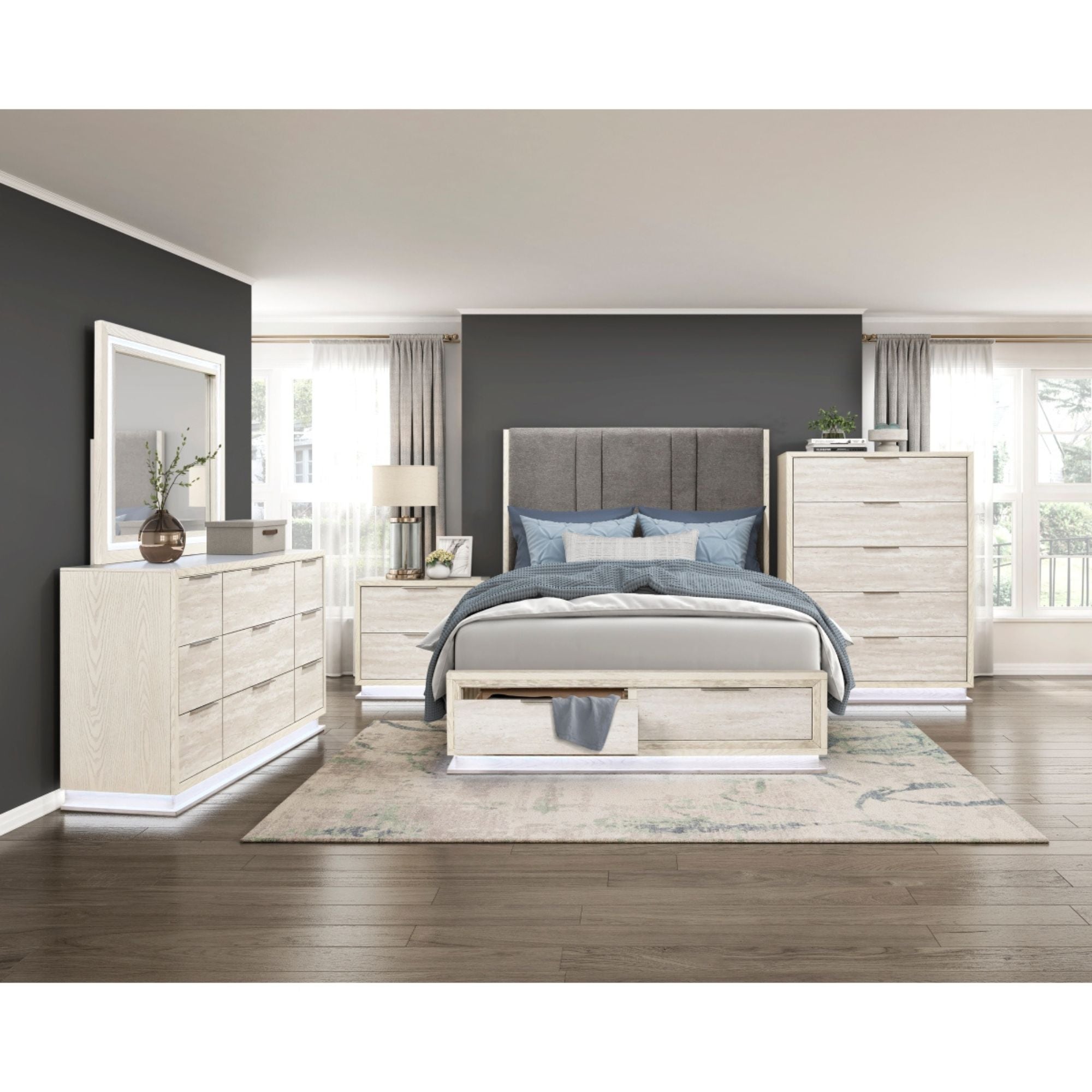 MAZ Noctis Collection bed with sleek modern design, featuring a minimalist frame and neutral upholstery for stylish bedroom décor.