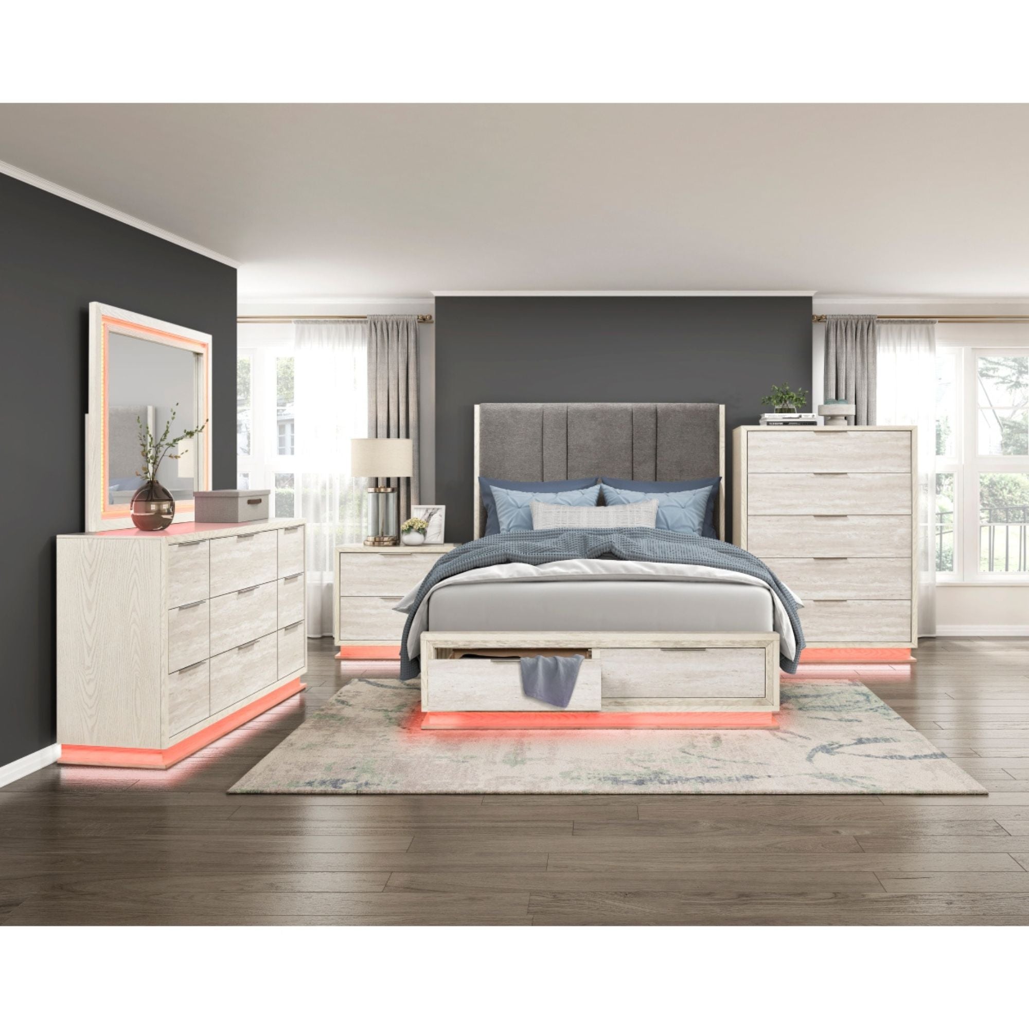 MAZ Noctis Collection bed with modern design, featuring sleek lines and a comfortable mattress, in a contemporary bedroom setting.