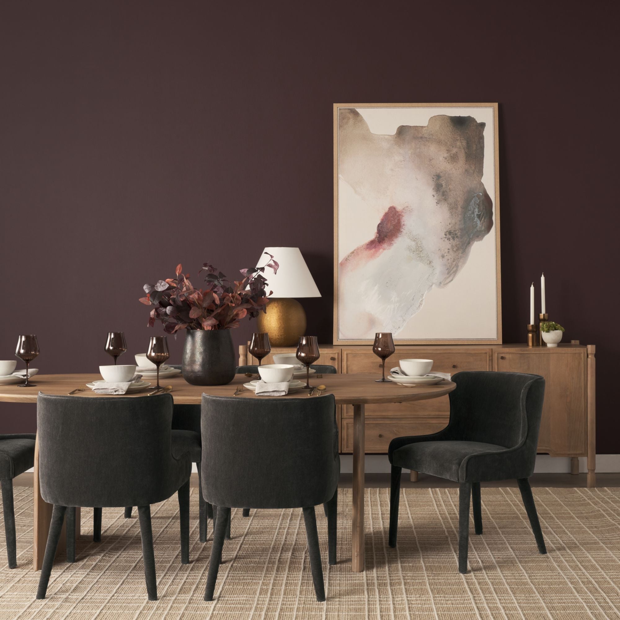 Mercana Furniture Nolan dining chair with cream chenille upholstery and modern design, shown in a charcoal finish.