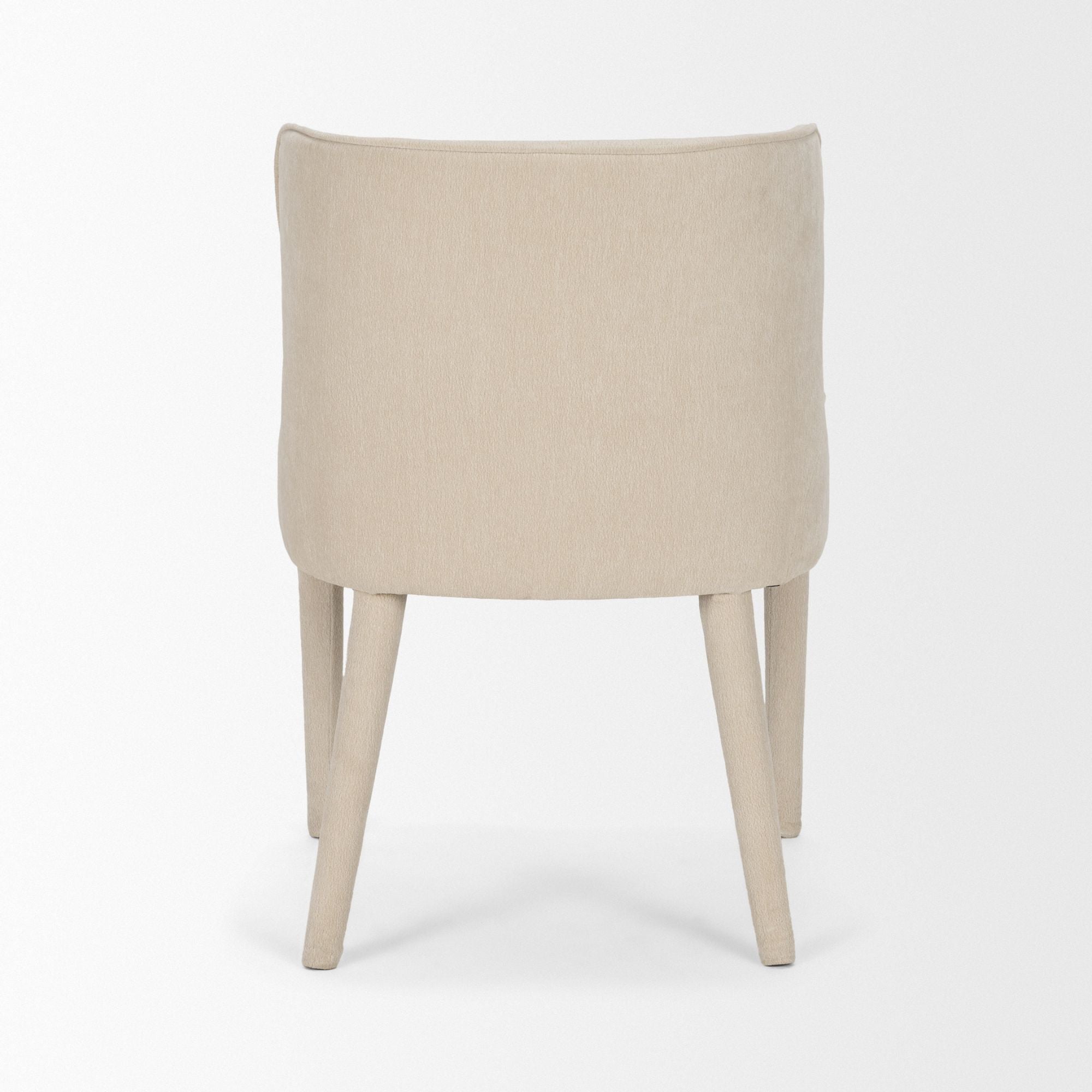 Mercana Furniture Nolan dining chair with cream chenille upholstery and wooden legs, showcasing a modern, comfortable seating option.