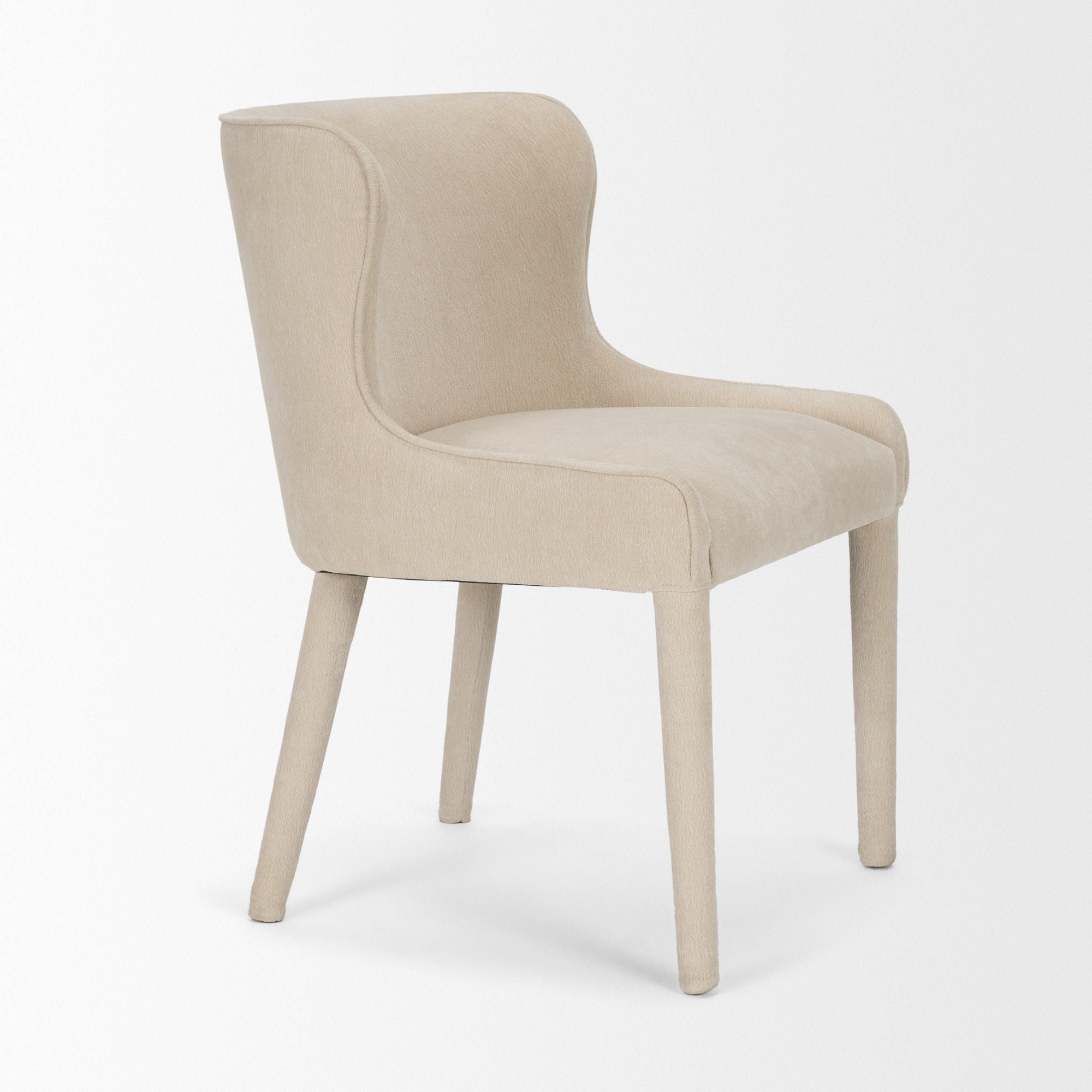 Mercana Furniture Nolan dining chair in cream chenille with a modern design, featuring a cushioned seat and sleek wooden legs.