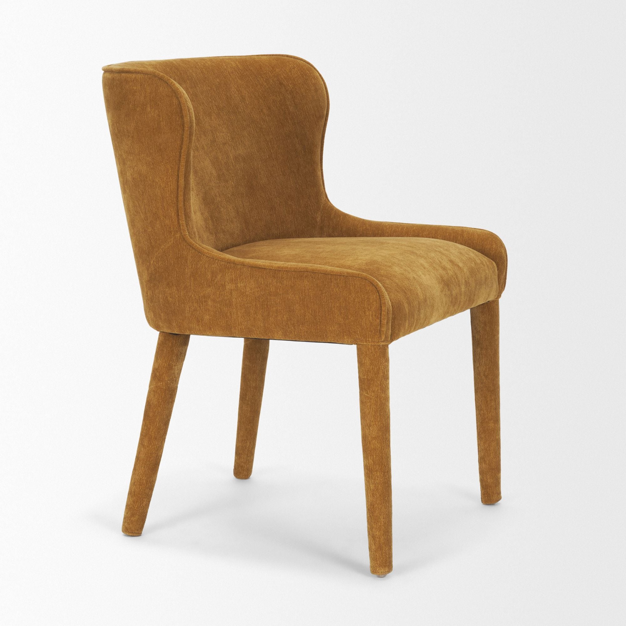 Mercana Furniture Nolan dining chair with cream chenille upholstery and rust-colored wooden legs, stylish and comfortable for dining rooms.