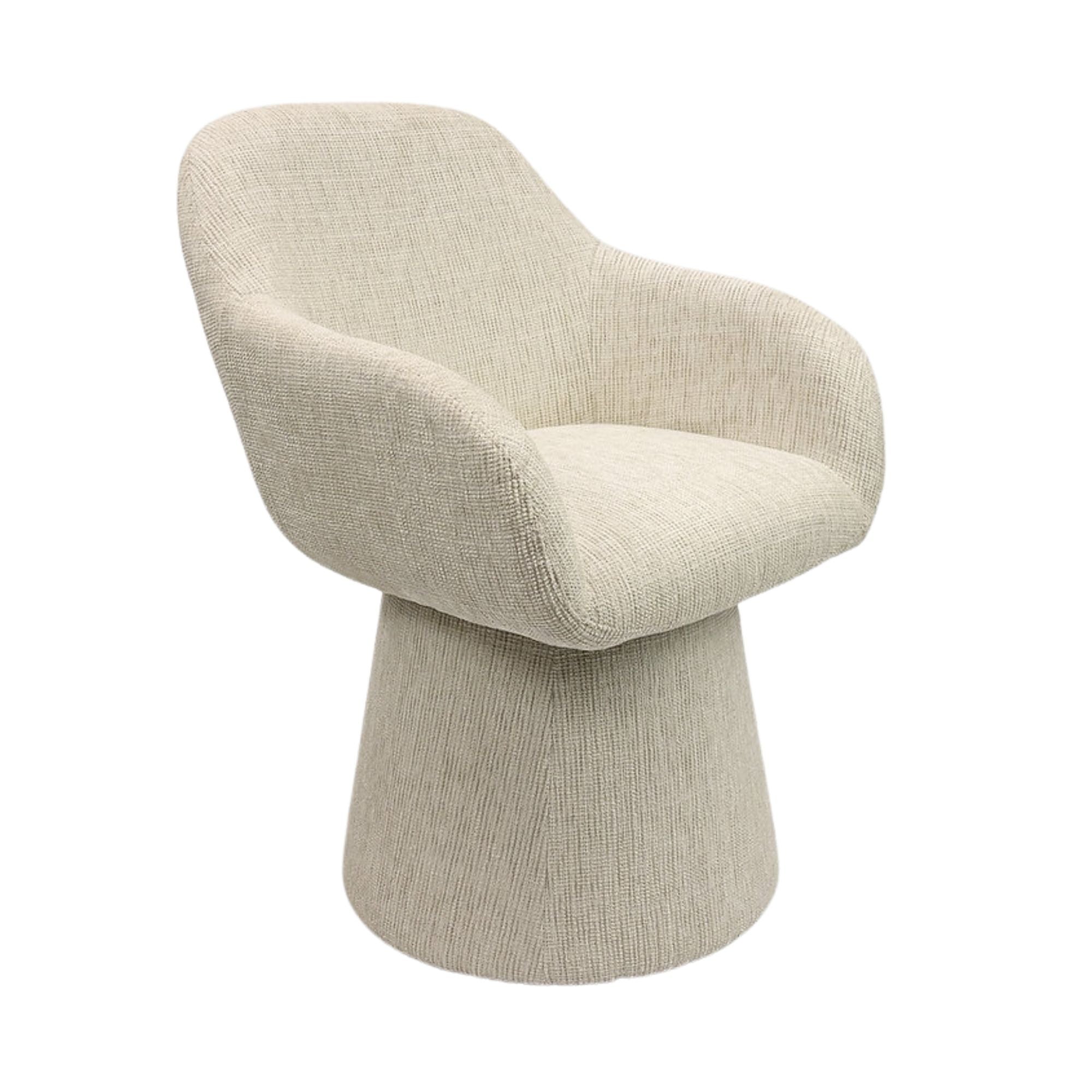 Beige Nora swivel dining chair by Elite Living with cushioned seat, backrest, and wooden base, shown from side angle.