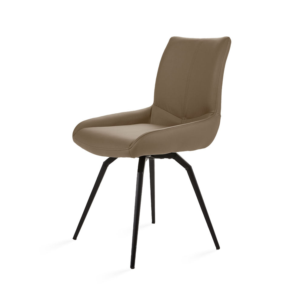 Set of two Xcella Nona swivel dining chairs with taupe faux leather upholstery and modern design, shown from a front angle.