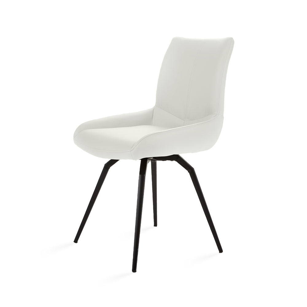 Set of two Xcella Nona swivel dining chairs with white PU upholstery and modern design, shown from a front and side angle.