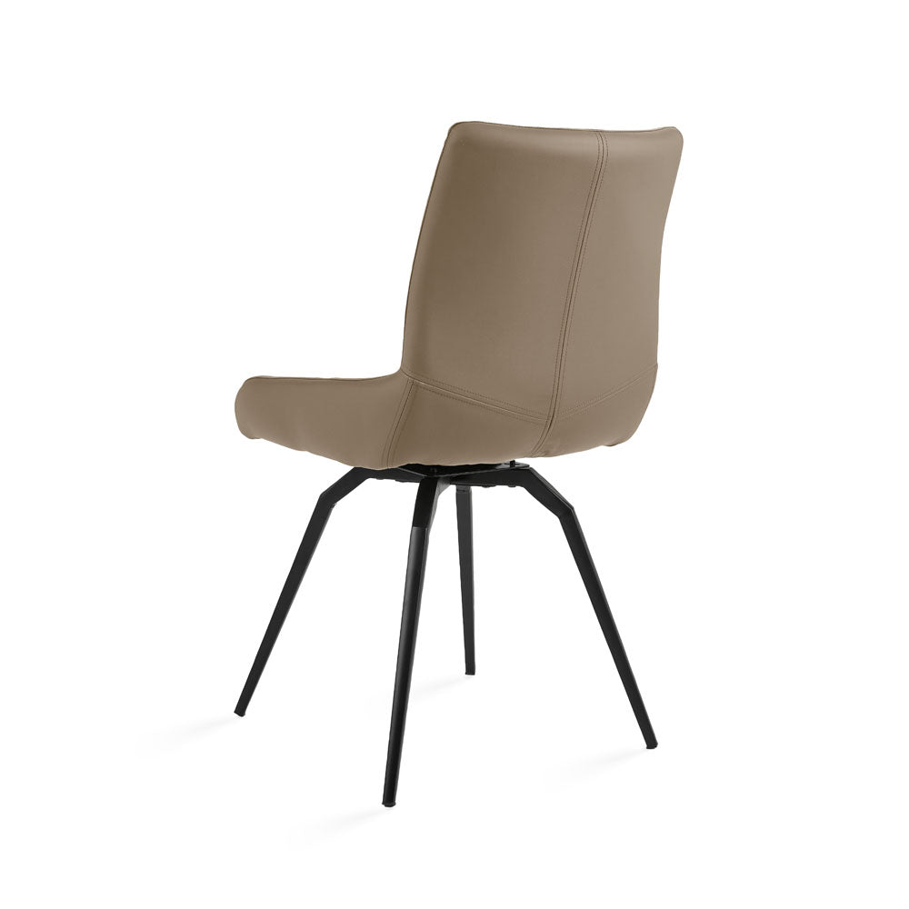 Pair of Xcella Nona swivel dining chairs with taupe faux leather upholstery and modern design, shown from the back.