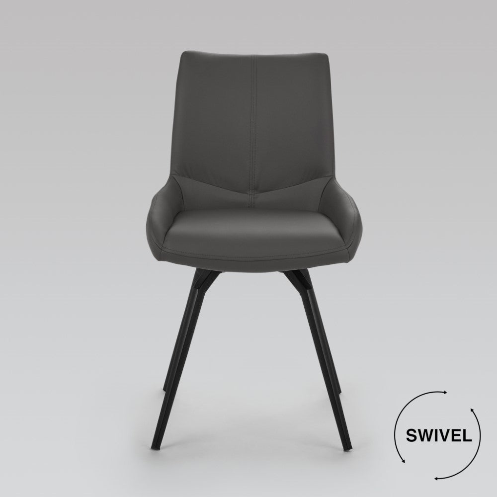 Set of two Xcella Nona swivel dining chairs with grey leatherette upholstery and modern design, shown from the front.