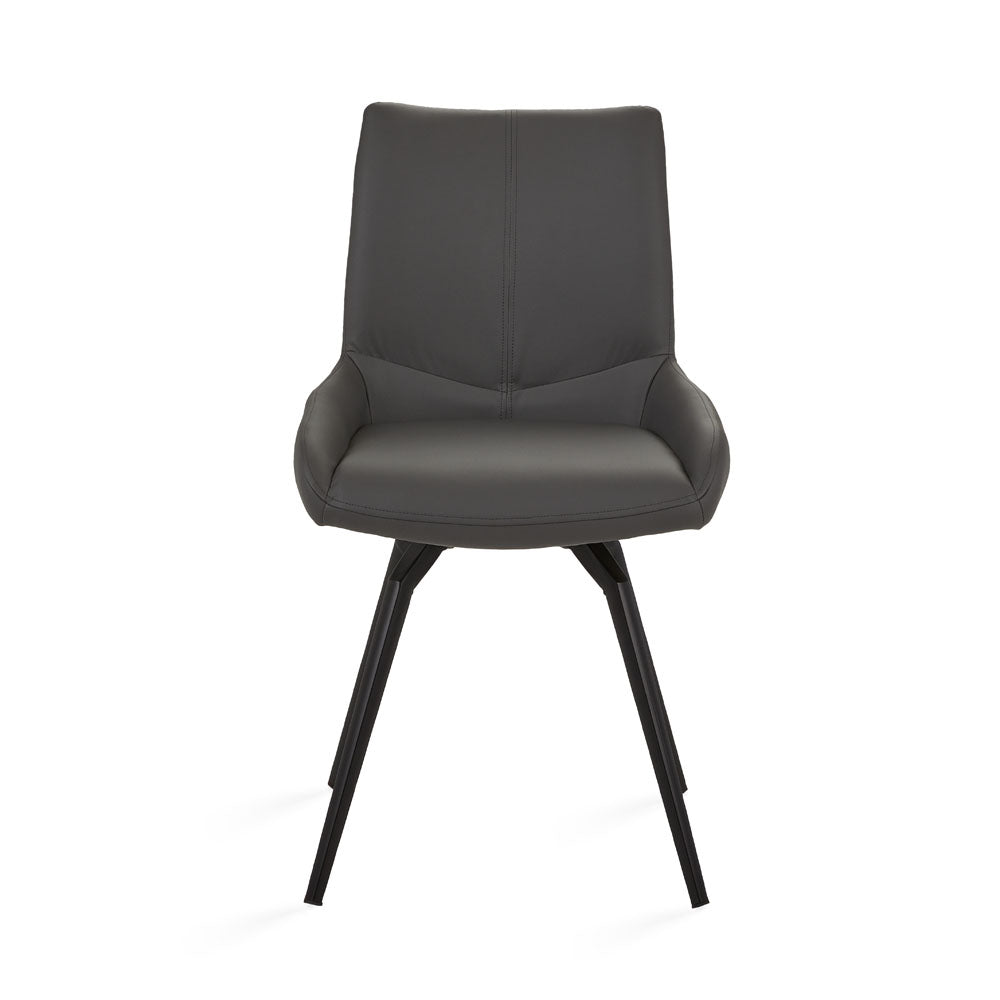 Set of two Xcella Nona swivel dining chairs with grey faux leather upholstery and modern design.